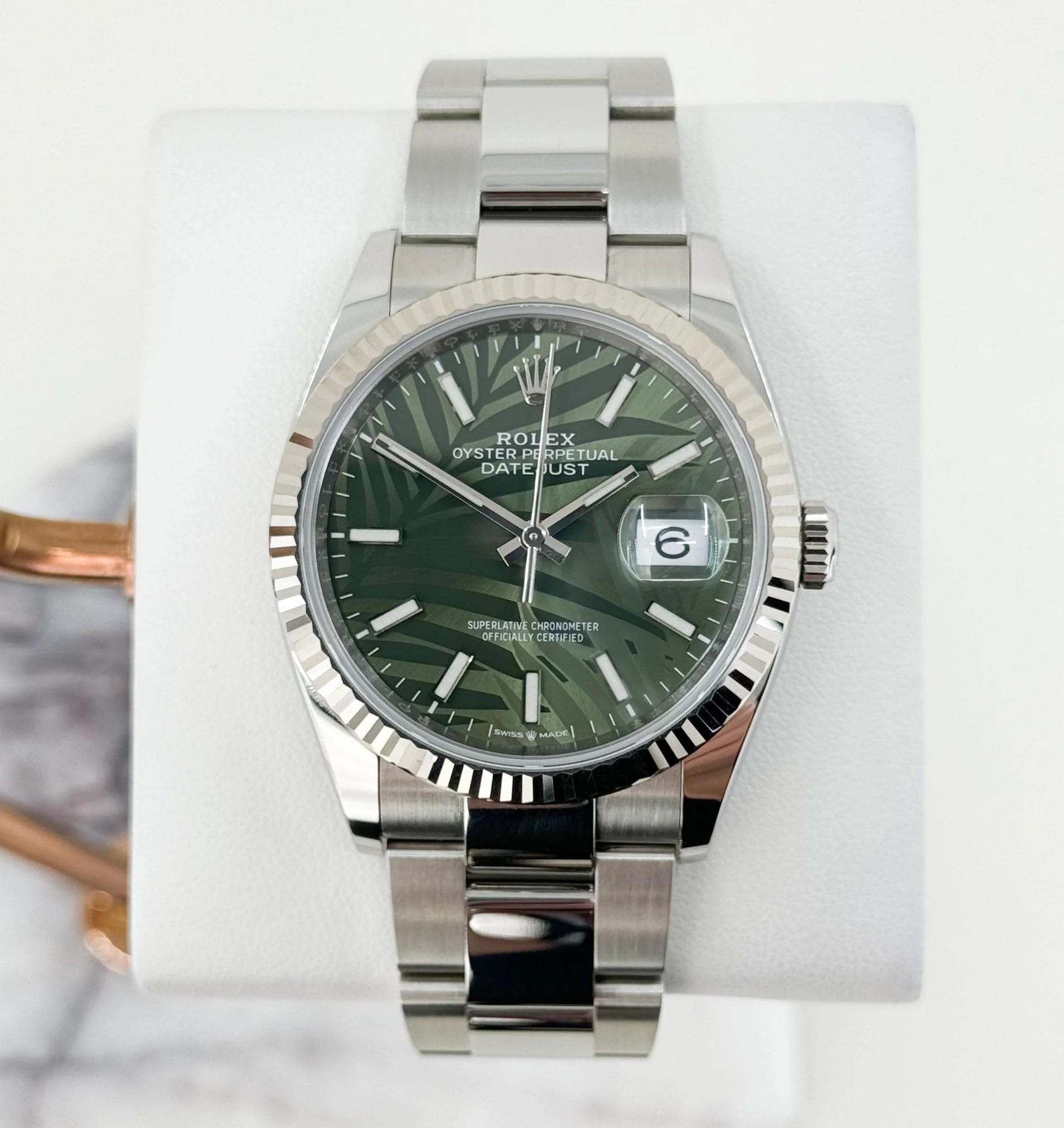 Rolex Datejust 36 White Gold/Steel Green Palm Motif Index Dial & Fluted Bezel Oyster Bracelet 126234 - Image 2