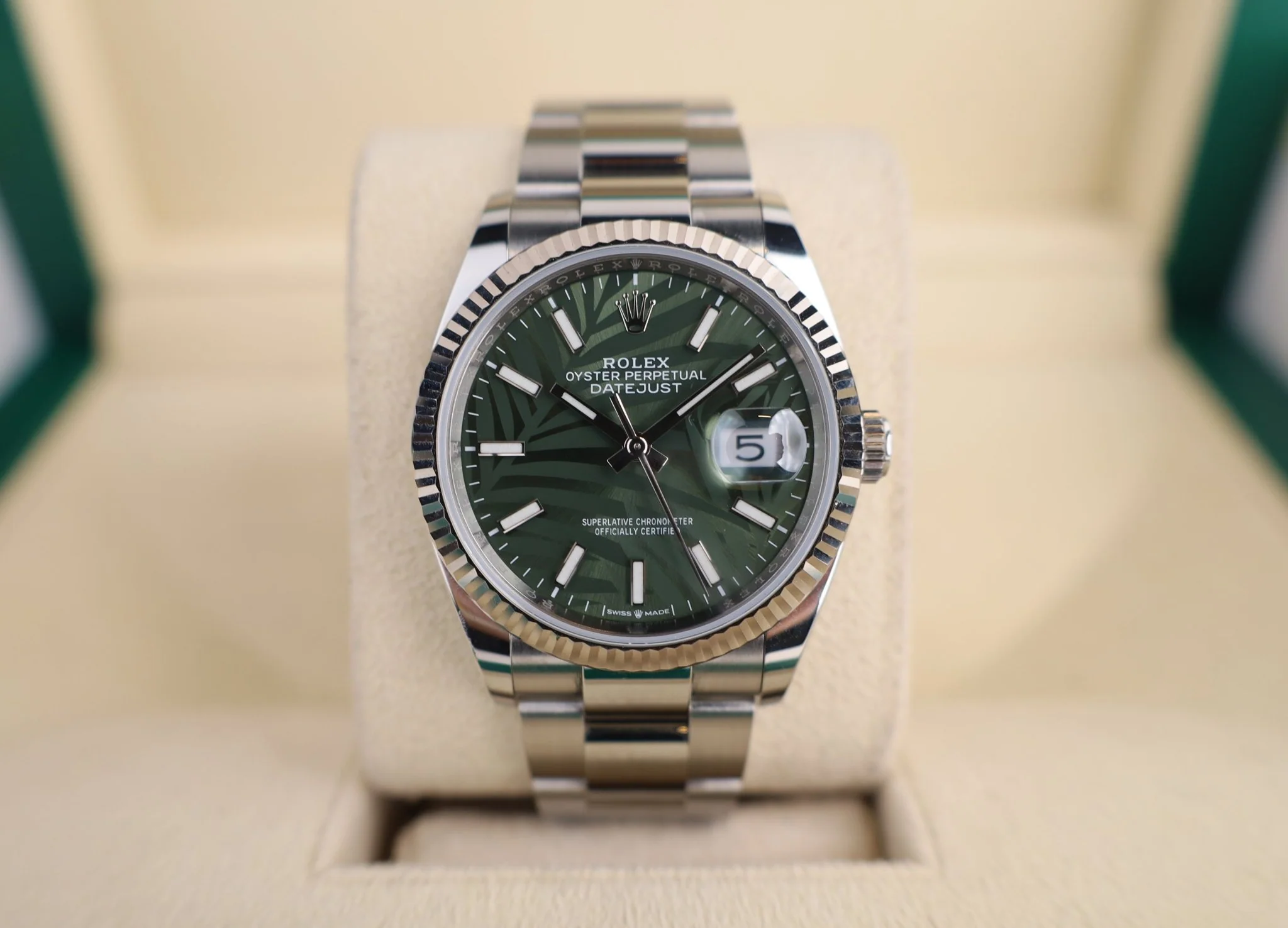 Rolex Datejust 36 White Gold/Steel Green Palm Motif Index Dial & Fluted Bezel Oyster Bracelet 126234 - Image 3