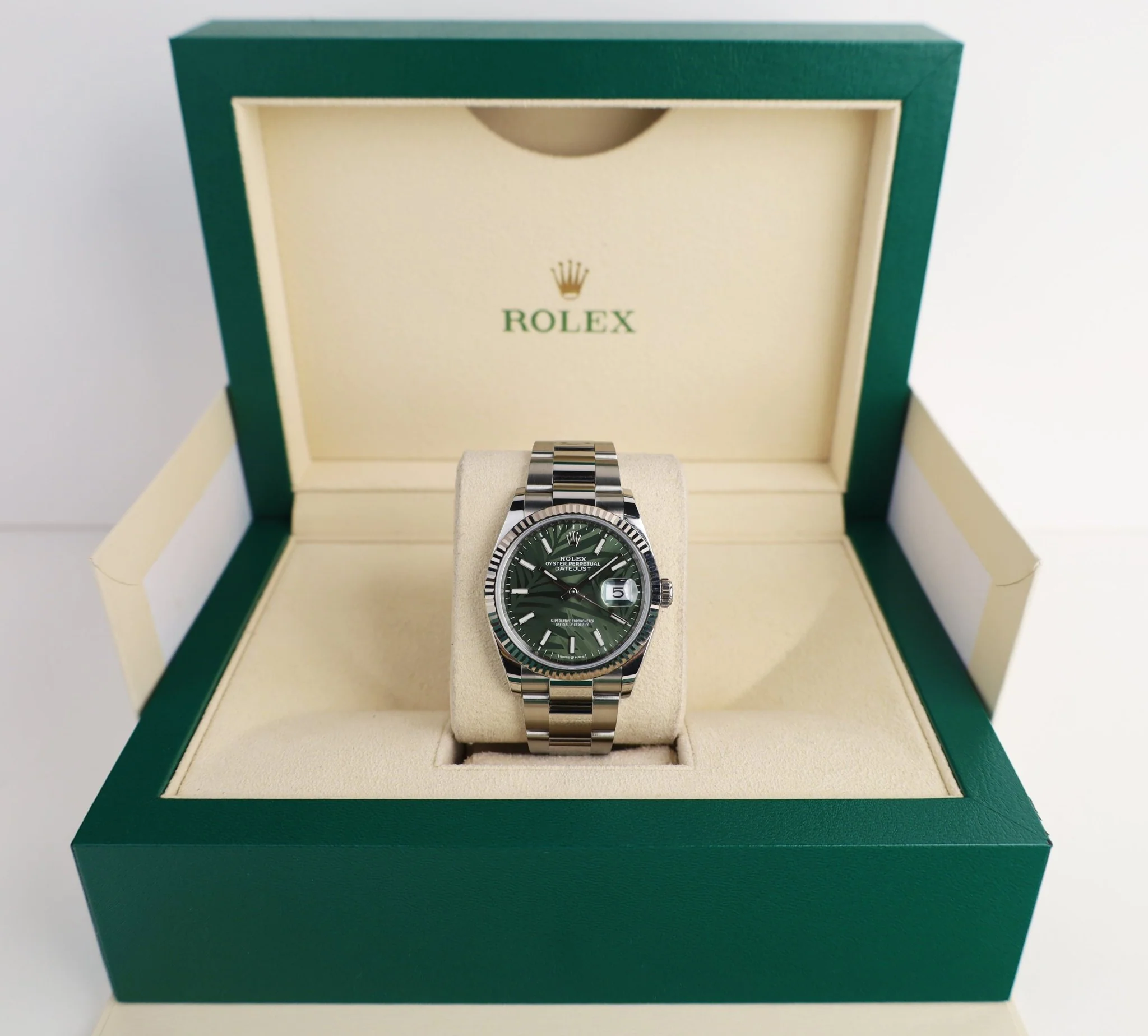 Rolex Datejust 36 White Gold/Steel Green Palm Motif Index Dial & Fluted Bezel Oyster Bracelet 126234 - Image 4