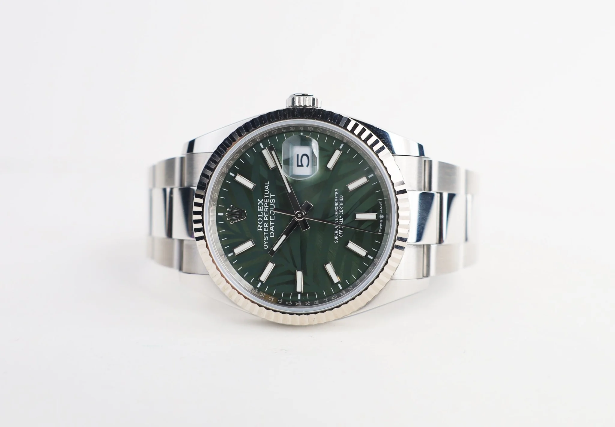Rolex Datejust 36 White Gold/Steel Green Palm Motif Index Dial & Fluted Bezel Oyster Bracelet 126234 - Image 5