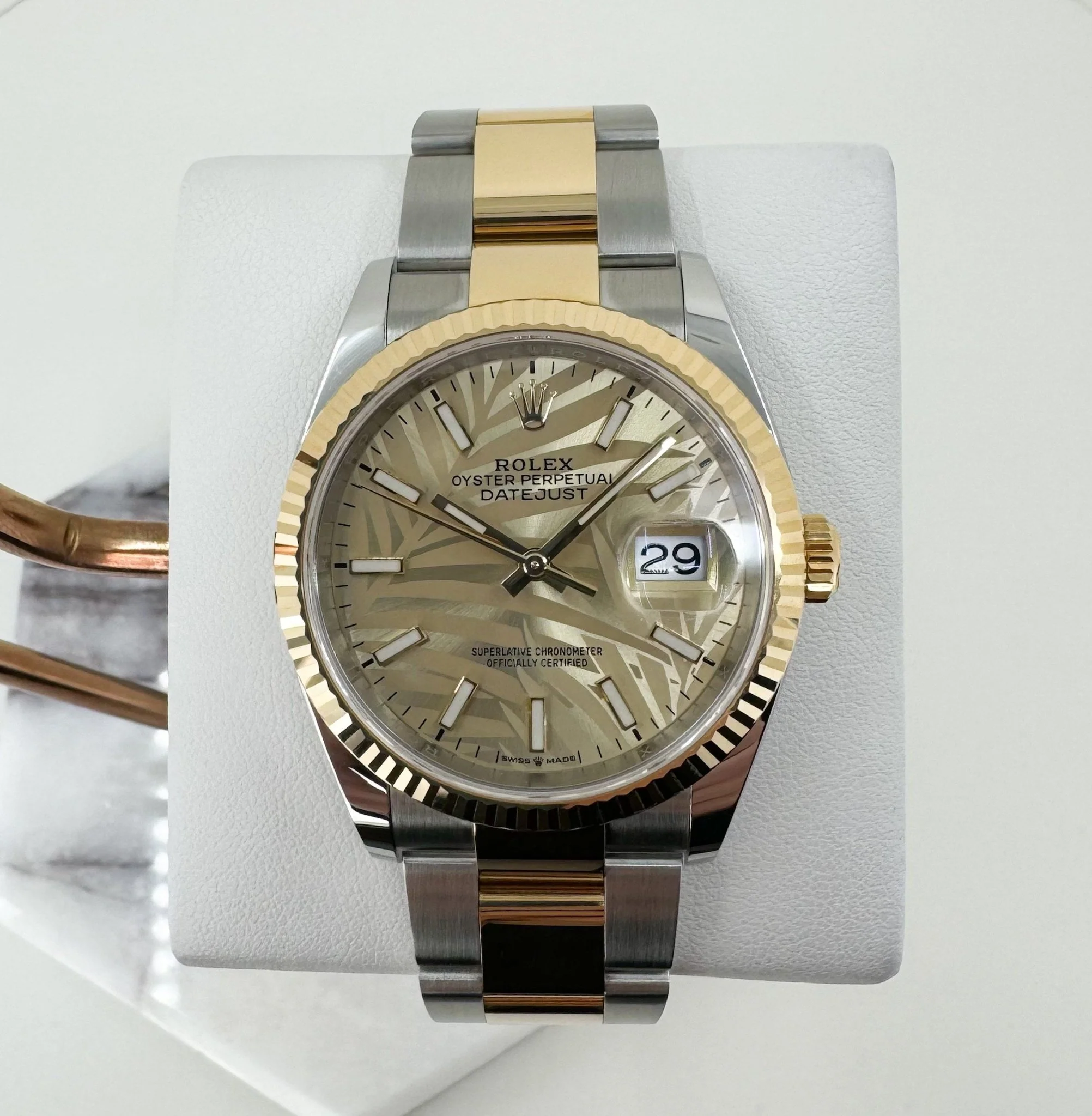 Rolex Datejust 36 Yellow Gold/Steel Golden Palm Motif Index Dial Fluted Bezel Oyster Bracelet 126233 - Image 2