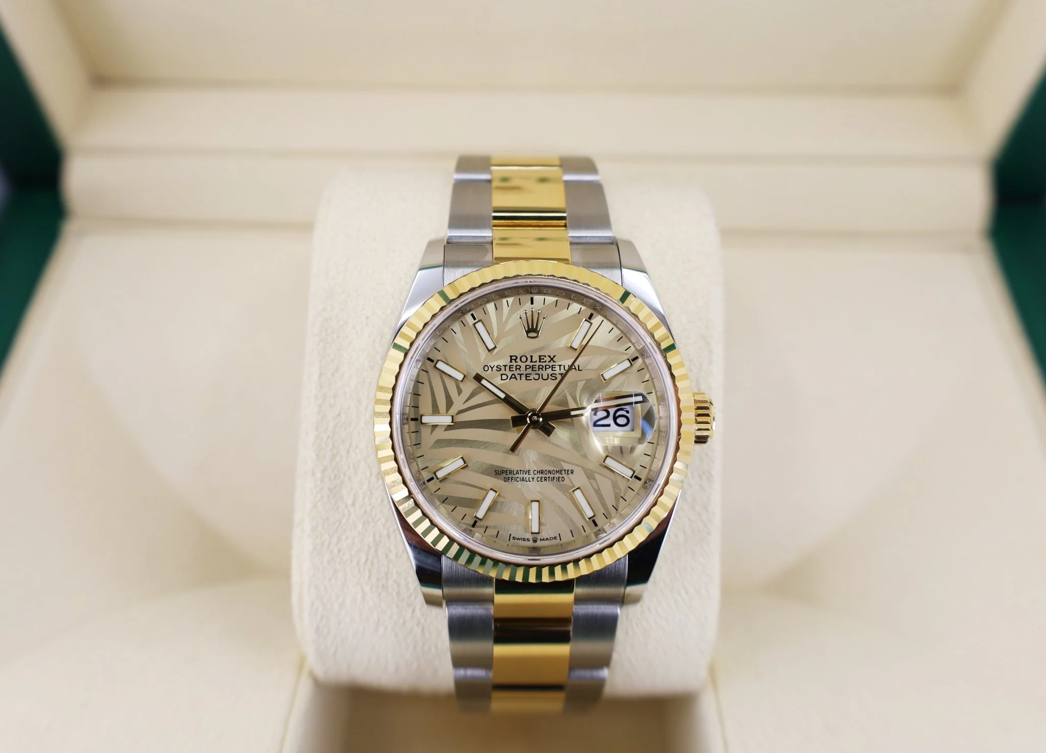 Rolex Datejust 36 Yellow Gold/Steel Golden Palm Motif Index Dial Fluted Bezel Oyster Bracelet 126233 - Image 3