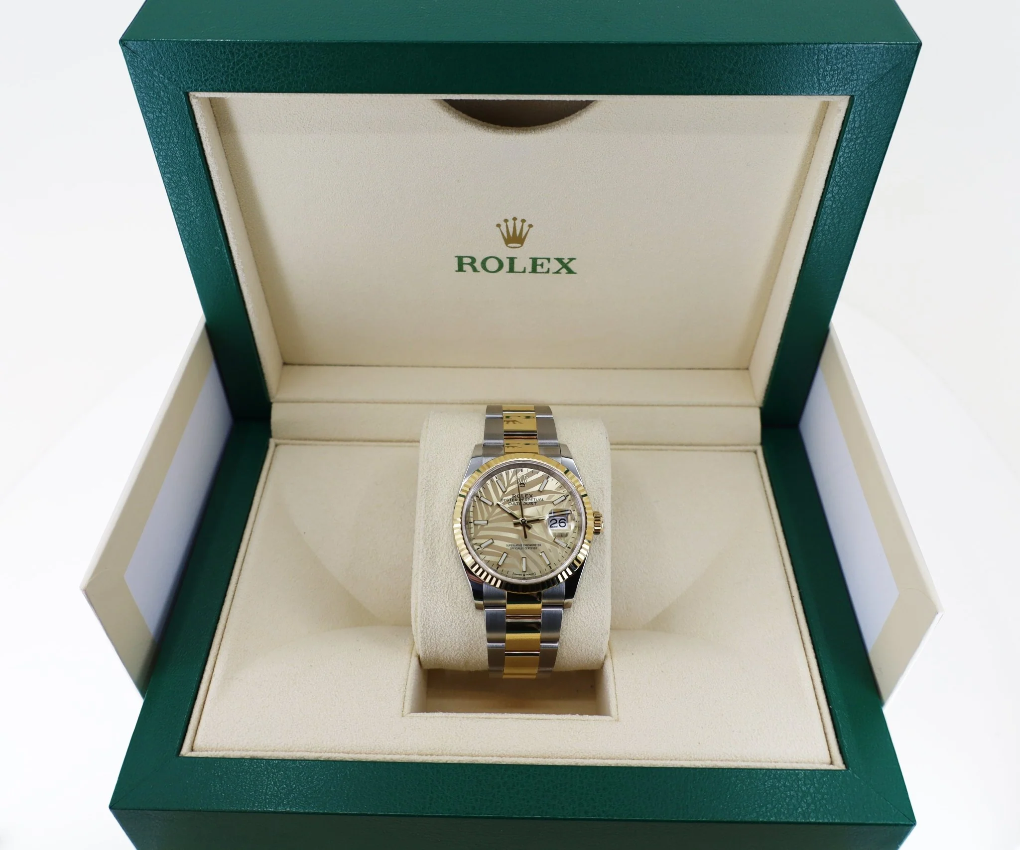 Rolex Datejust 36 Yellow Gold/Steel Golden Palm Motif Index Dial Fluted Bezel Oyster Bracelet 126233 - Image 4