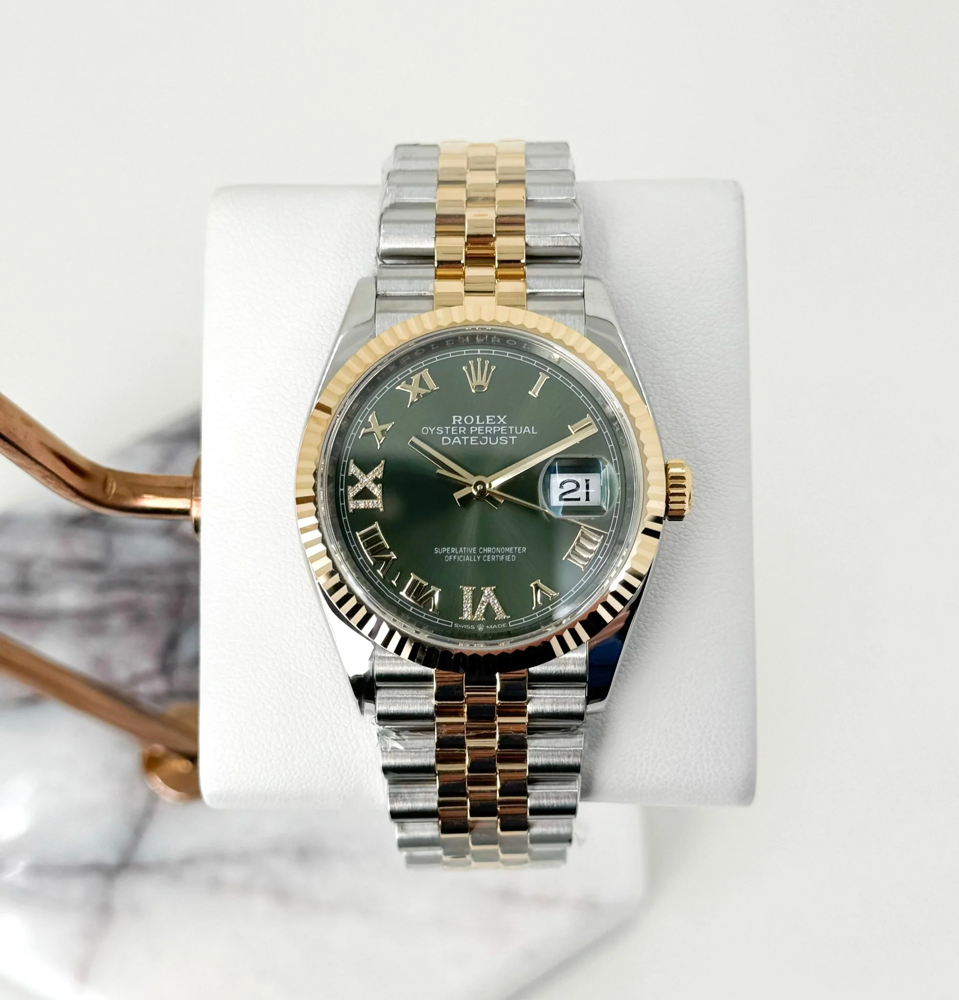 Rolex Datejust 36 Yellow Gold/Steel Olive Green Roman Diamond VI Dial & Fluted Bezel Jubilee Bracelet 126233 - Image 2