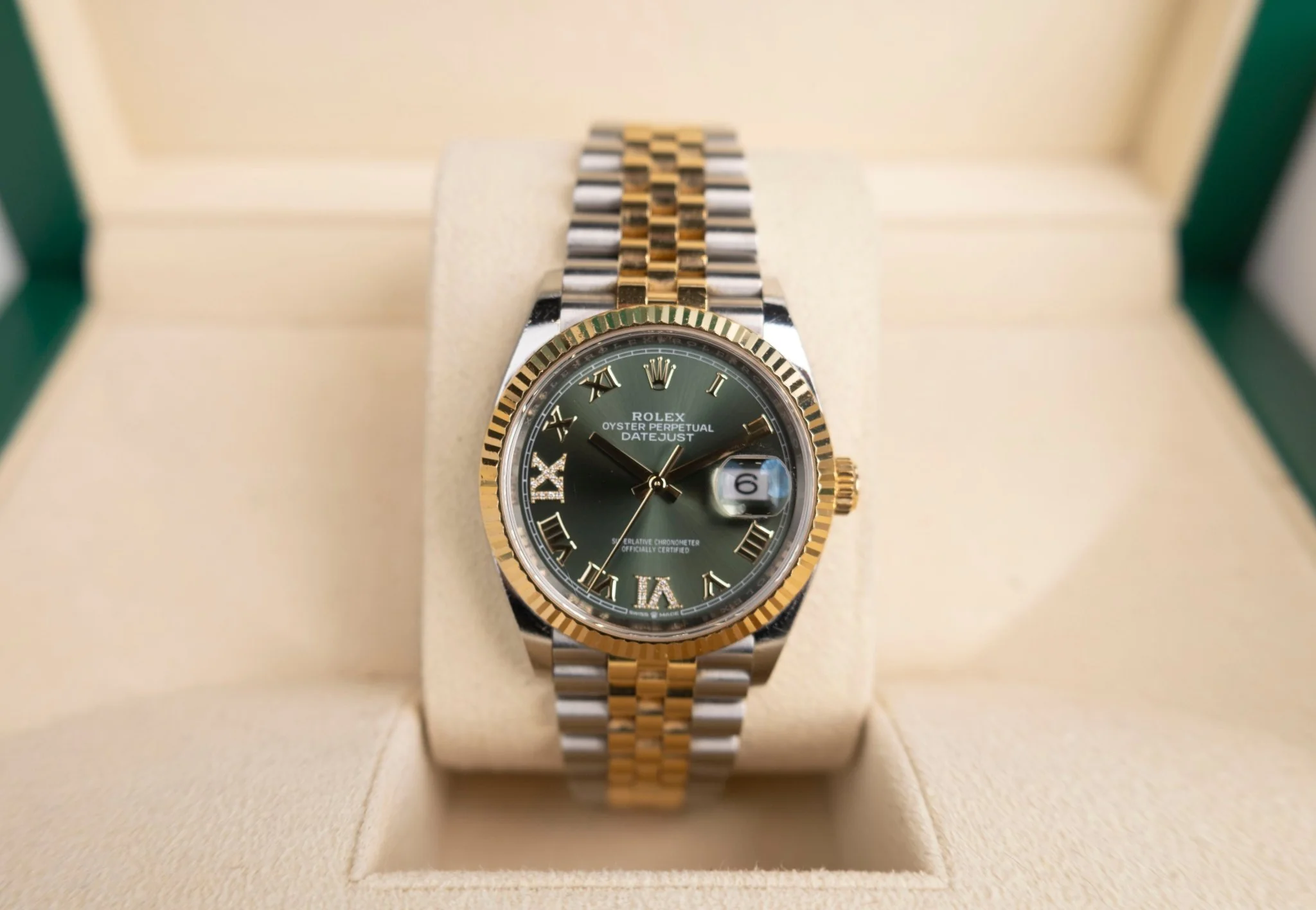 Rolex Datejust 36 Yellow Gold/Steel Olive Green Roman Diamond VI Dial & Fluted Bezel Jubilee Bracelet 126233 - Image 3