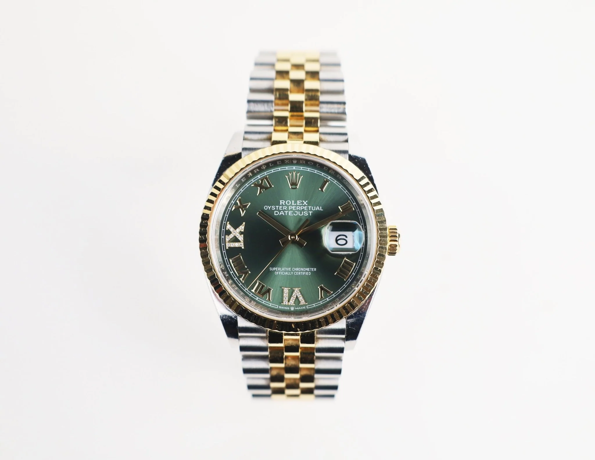 Rolex Datejust 36 Yellow Gold/Steel Olive Green Roman Diamond VI Dial & Fluted Bezel Jubilee Bracelet 126233 - Image 5