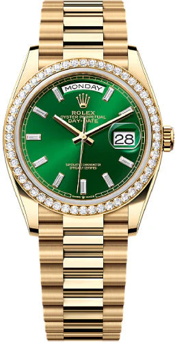 Rolex Day-Date 36 36mm Bright Green Diamond-Set Dial Diamond-Set Bezel President Bracelet - 128348RBR | 2024 Model