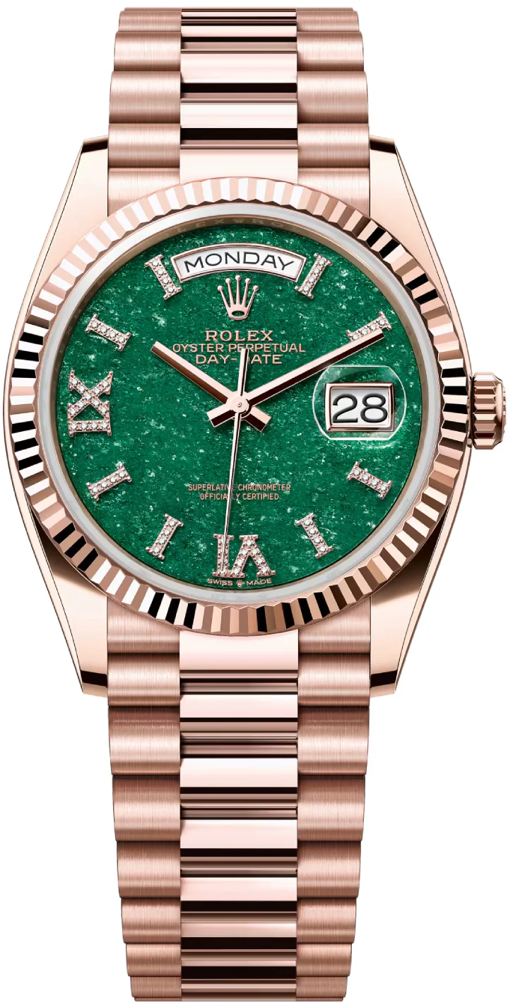 Rolex Day-Date 36 mm President Rose Gold Green Aventurine Diamond Dial Fluted Bezel - 128235