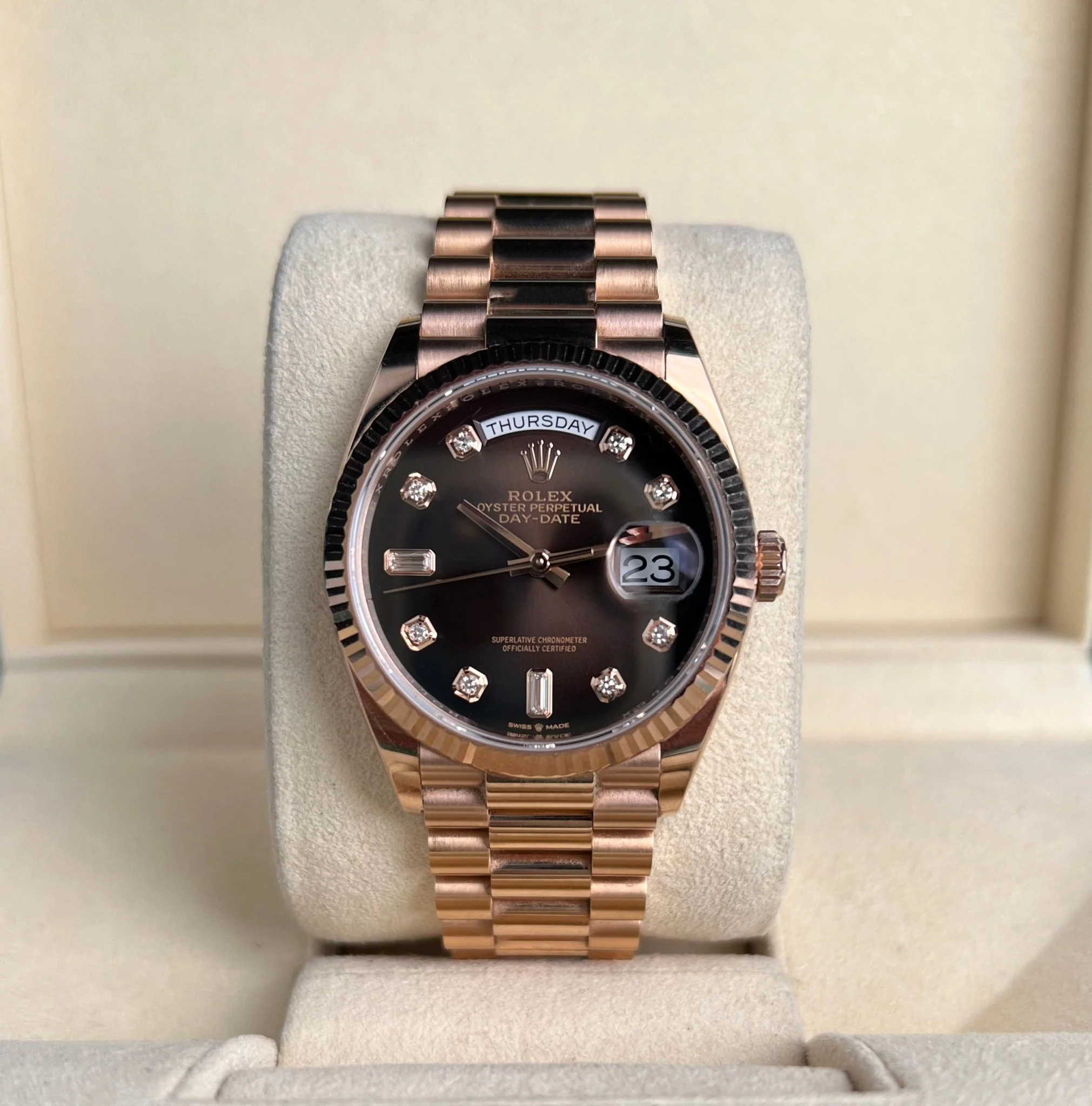 Rolex Day-Date 36 Rose Gold Brown Ombre Diamond Dial & Fluted Bezel President Bracelet 128235 - Image 3