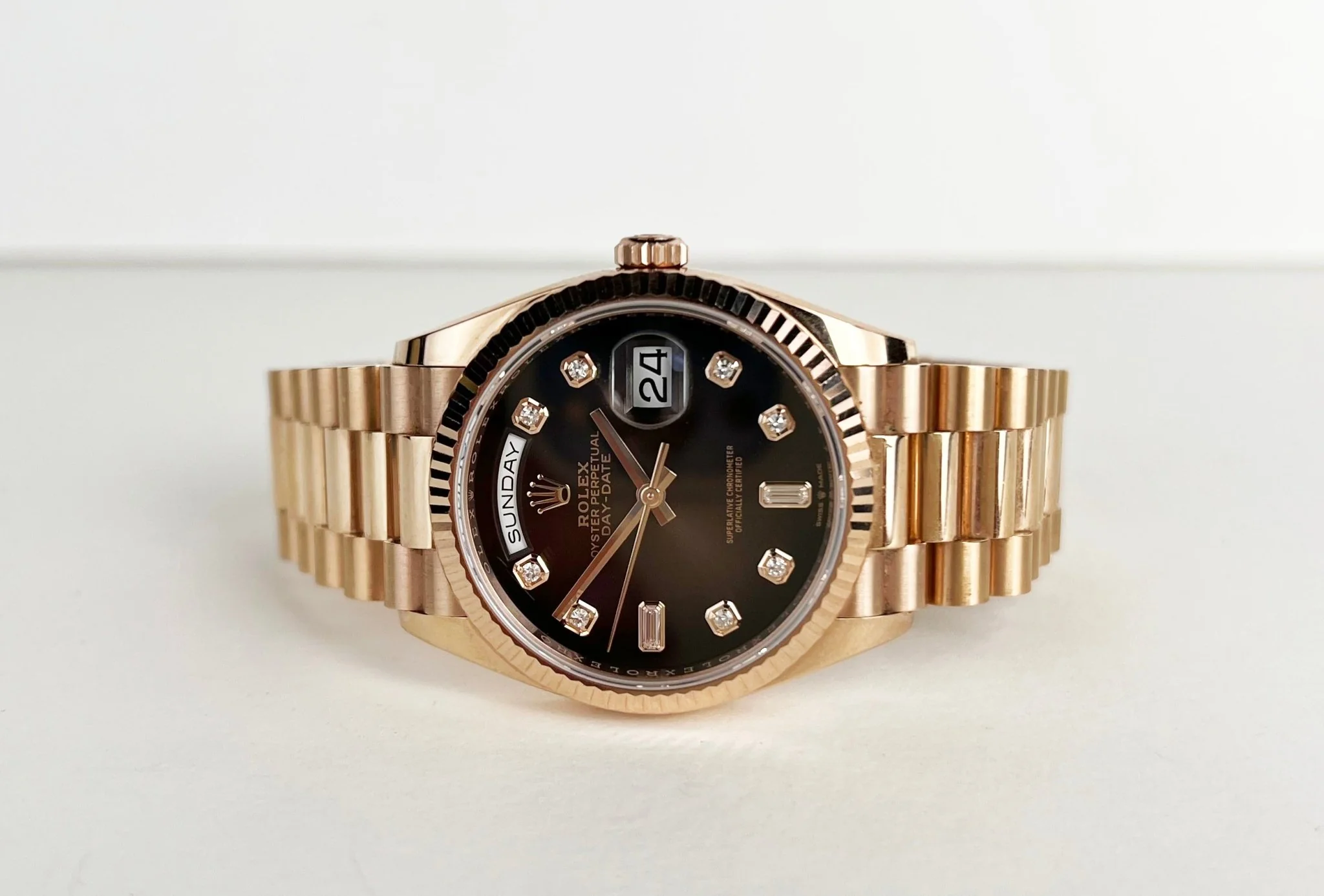 Rolex Day-Date 36 Rose Gold Brown Ombre Diamond Dial & Fluted Bezel President Bracelet 128235 - Image 4