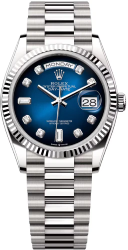 Rolex Day-Date 36 White Gold Blue Ombre Diamond Dial & Fluted Bezel President Bracelet 128239