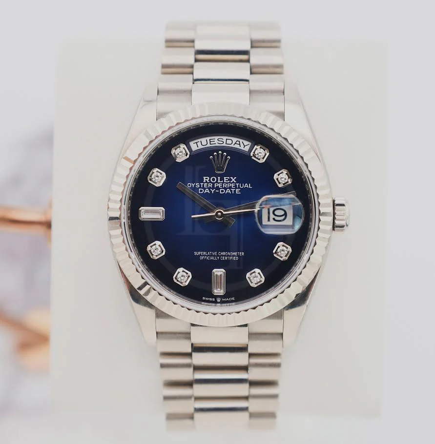Rolex Day-Date 36 White Gold Blue Ombre Diamond Dial & Fluted Bezel President Bracelet 128239 - Image 2