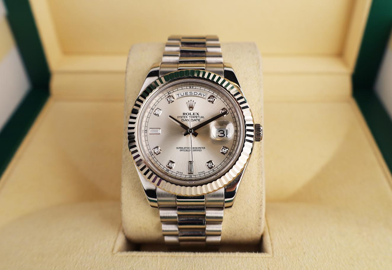 Rolex Day-Date 41mm White Gold Silver Diamond Dial & Fluted Bezel Oyster Bracelet 218239 - Image 3