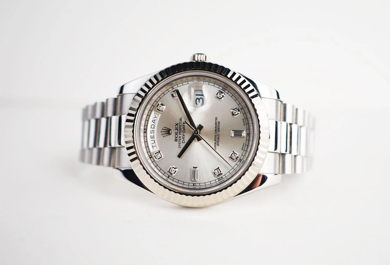 Rolex Day-Date 41mm White Gold Silver Diamond Dial & Fluted Bezel Oyster Bracelet 218239 - Image 4