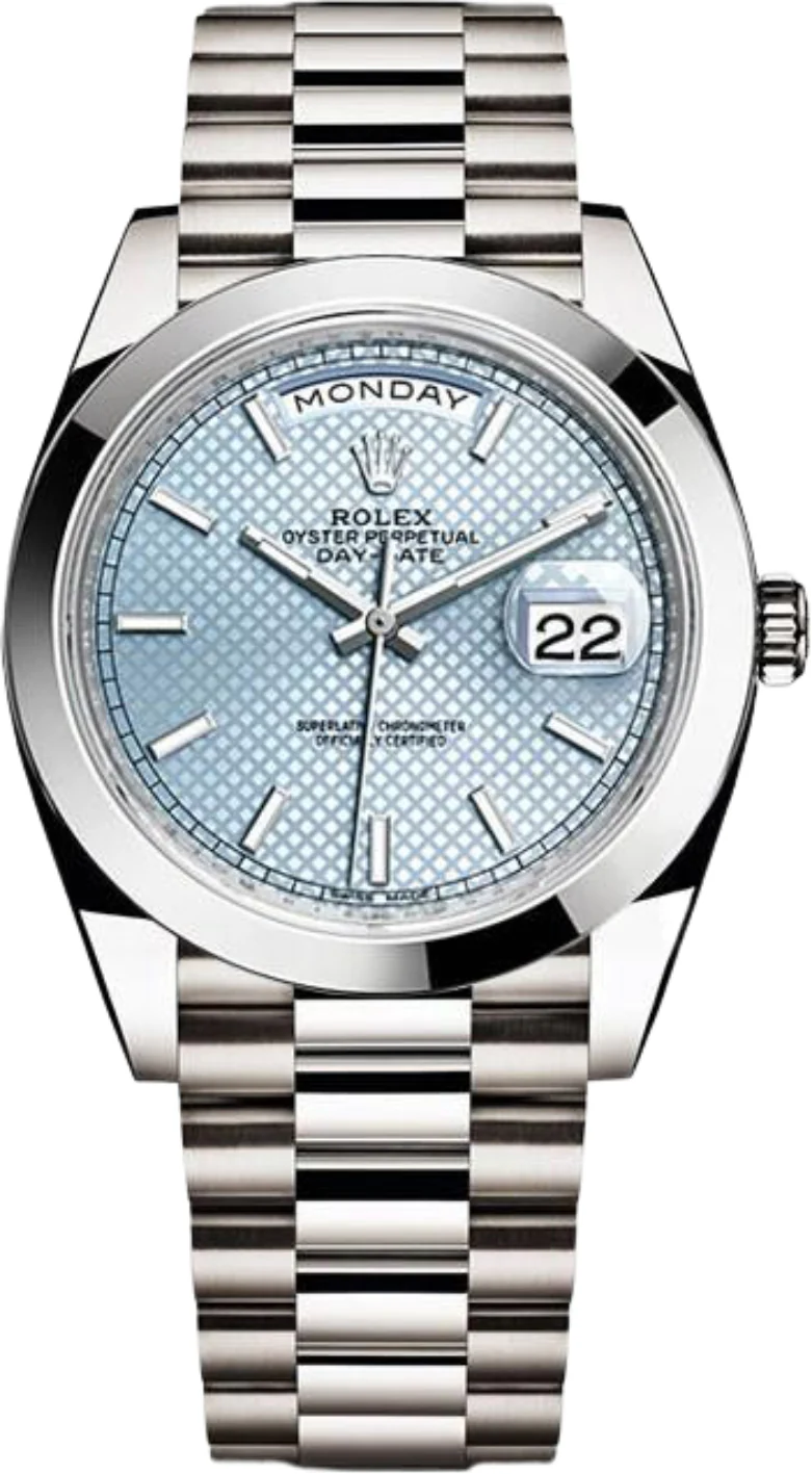 Rolex Day-Date 40 Platinum Ice Blue Diagonal Motif Dial & Smooth Bezel President Bracelet 228206 -