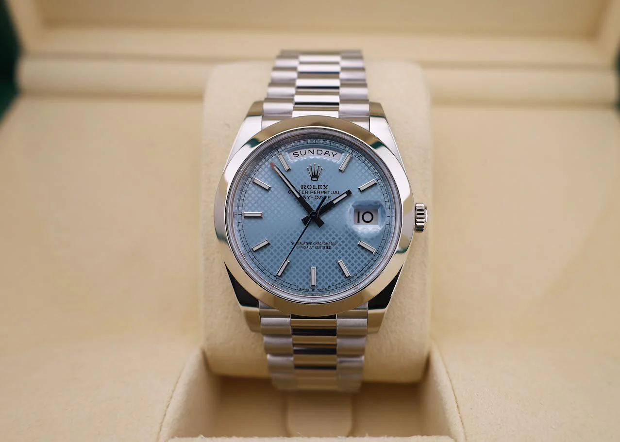 Rolex Day-Date 40 Platinum Ice Blue Diagonal Motif Dial & Smooth Bezel President Bracelet 228206 - - Image 3