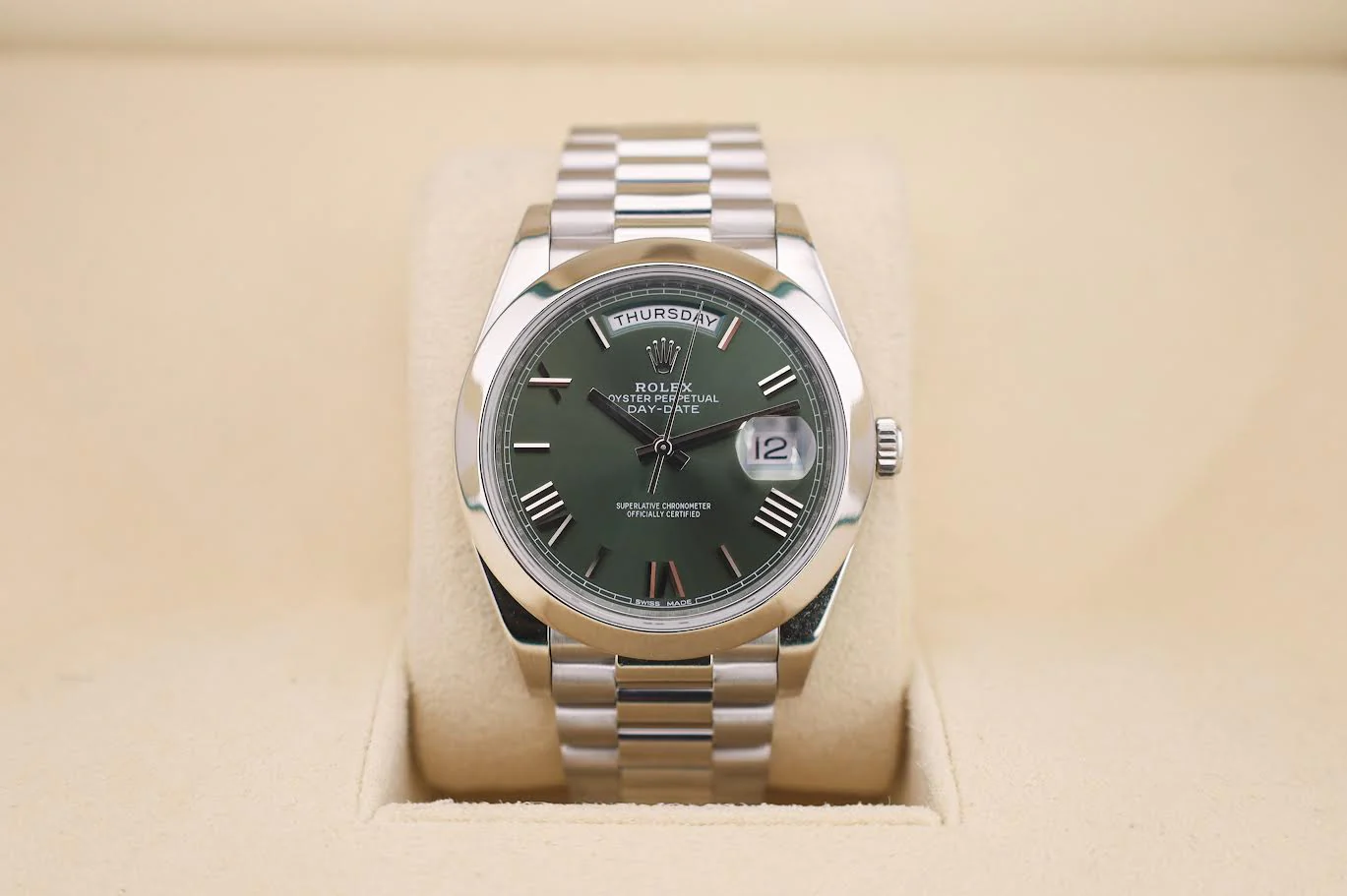 Rolex Day-Date 40 Platinum Olive Green Roman Dial & Smooth Bezel President Bracelet 228206 - - Image 3