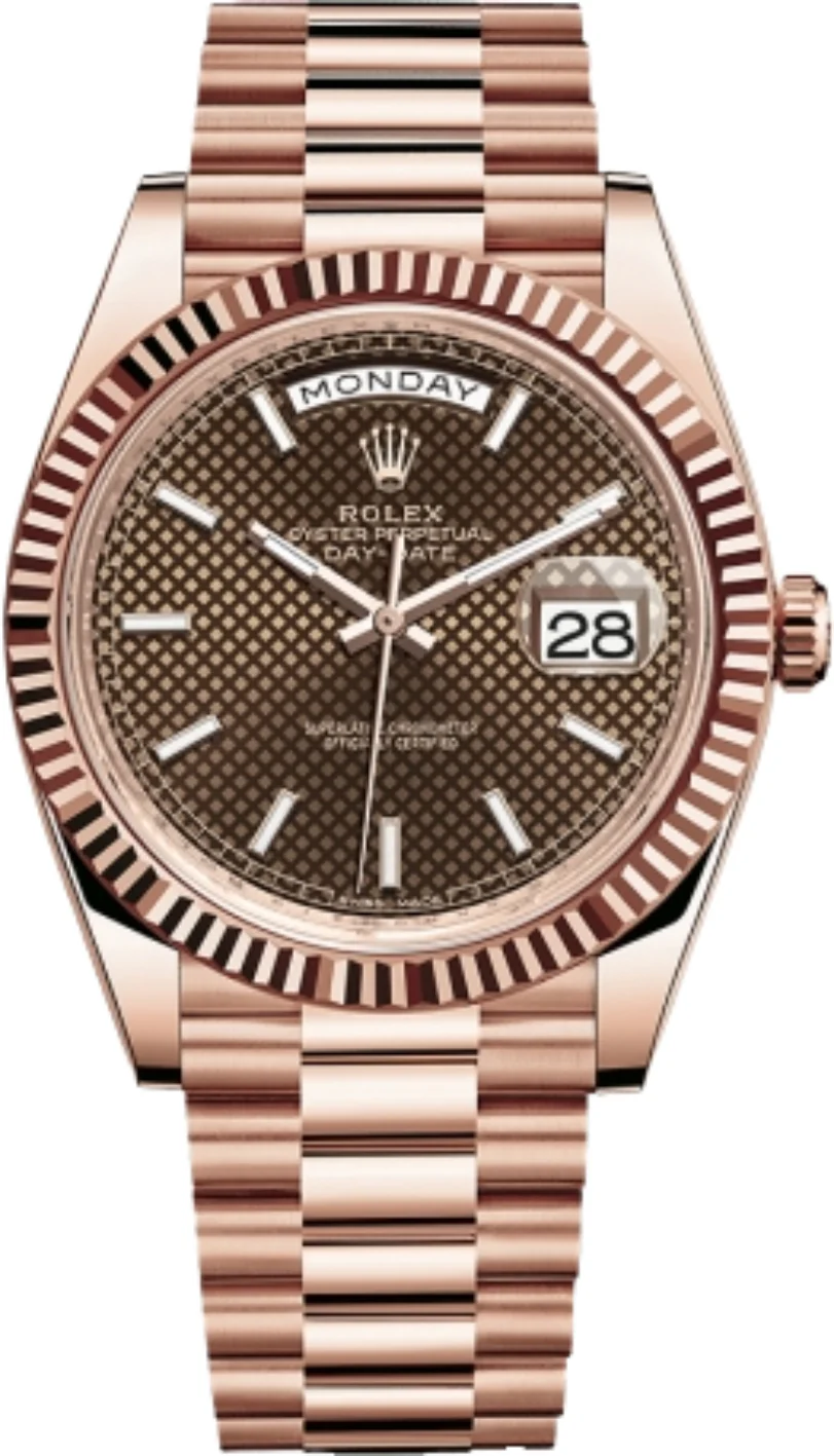 Rolex Day-Date 40 Rose Gold Chocolate Diagnonal Motif Index Dial & Fluted Bezel President Bracelet 228235 -