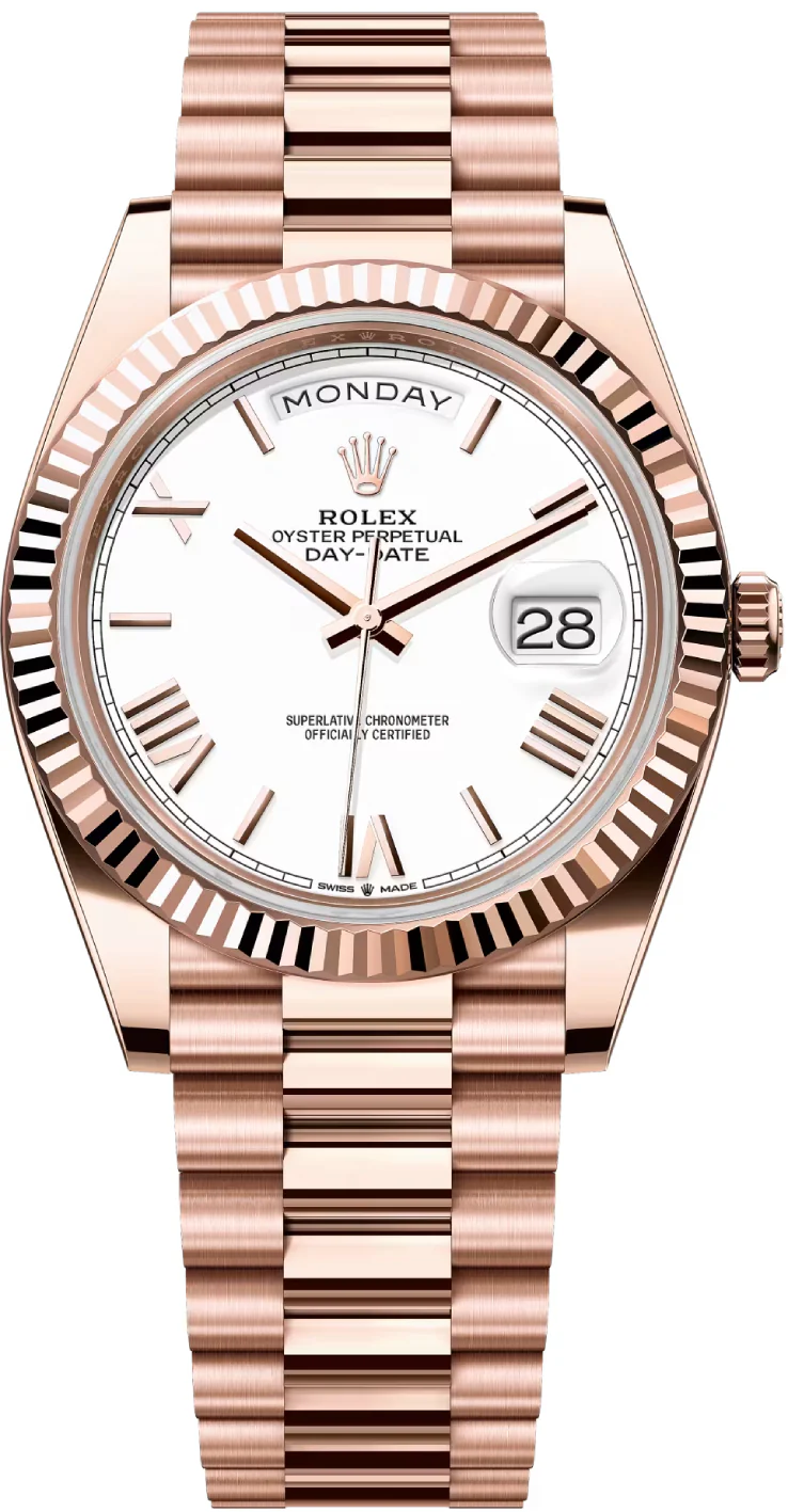 Rolex Day-Date 40 Rose Gold White Roman Dial & Fluted Bezel President Bracelet 228235 -