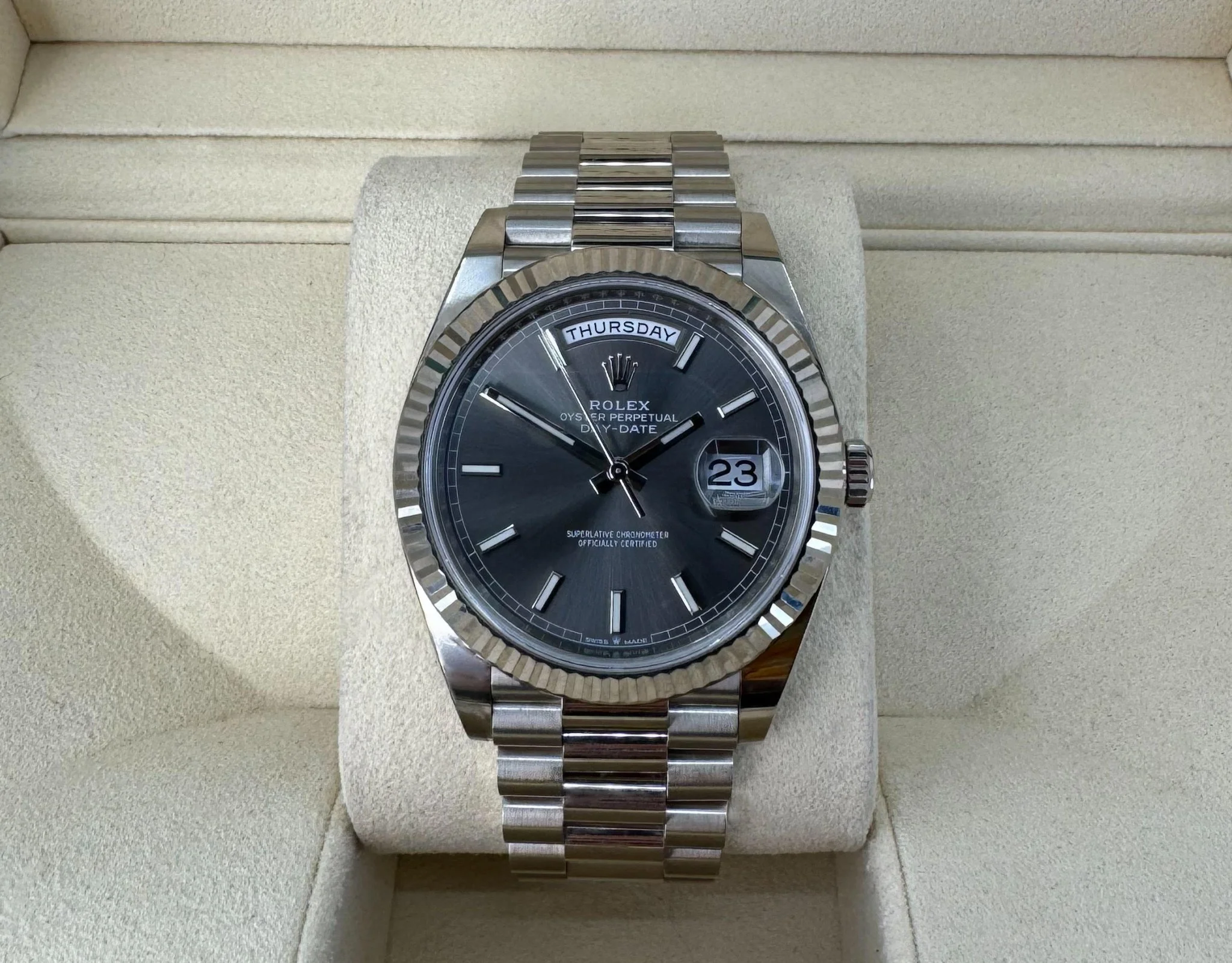 Rolex Day-Date 40 White Gold Slate Dial Index Dial & Fluted Bezel President Bracelet 228239 - Image 3