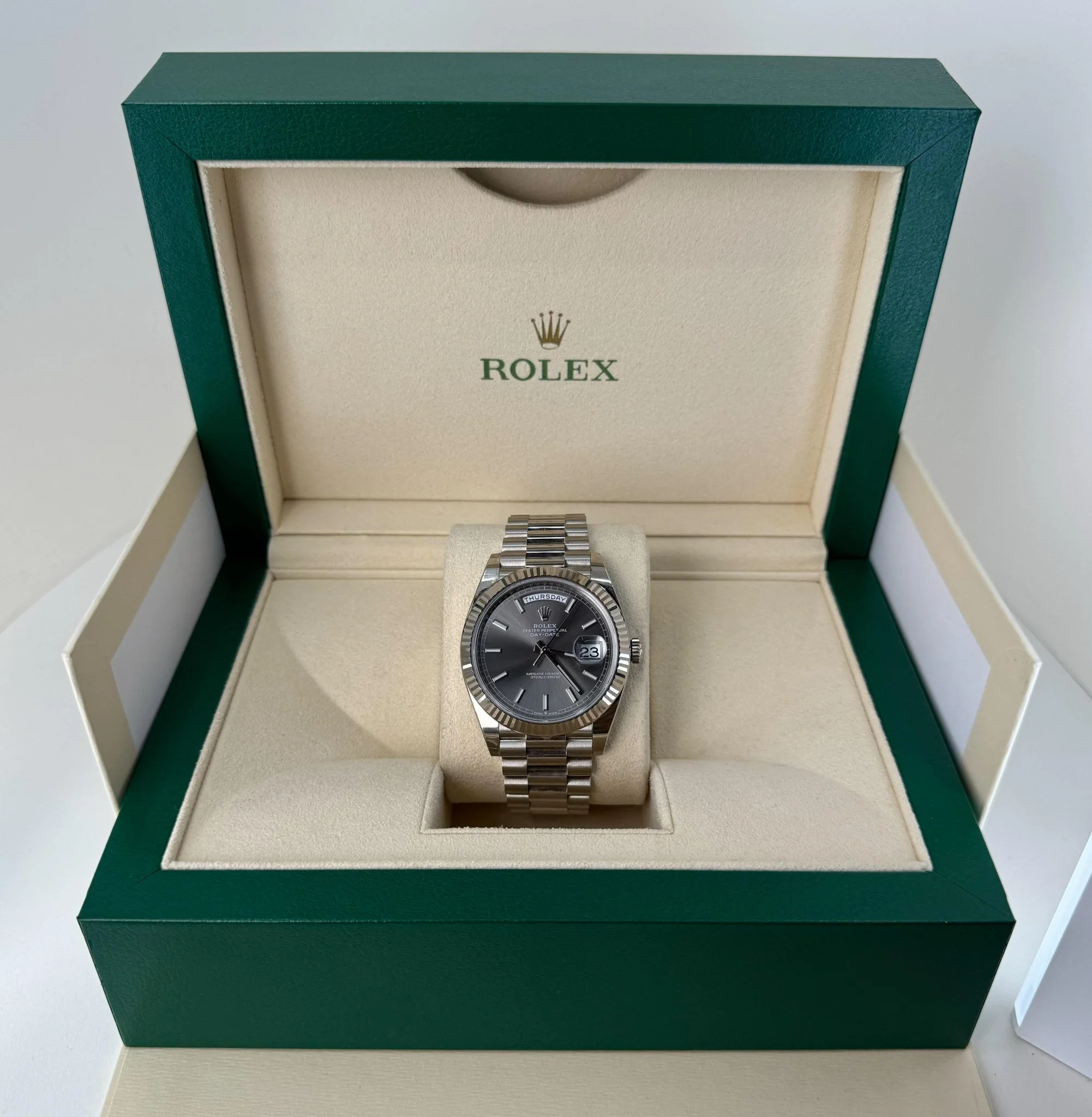Rolex Day-Date 40 White Gold Slate Dial Index Dial & Fluted Bezel President Bracelet 228239 - Image 4
