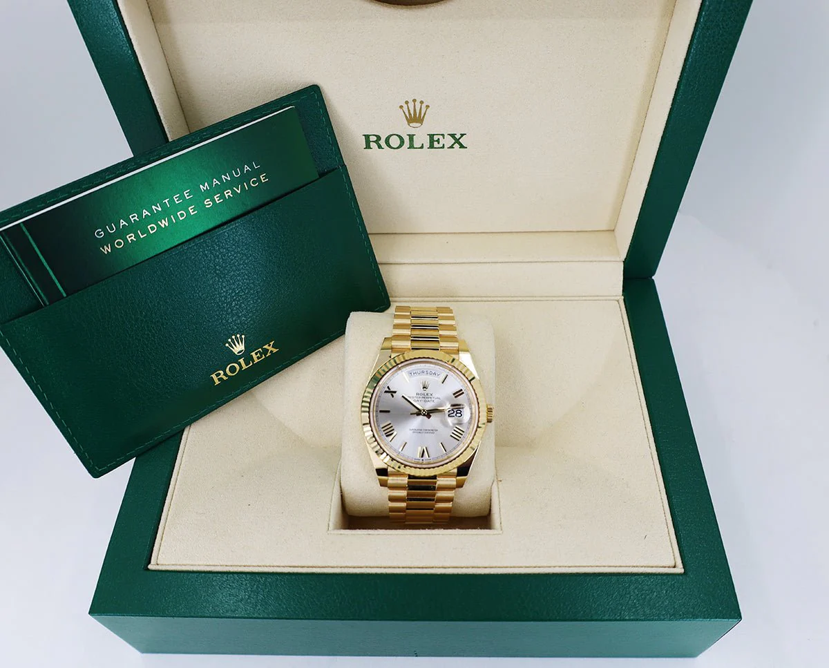 Rolex Day-Date 40 Yellow Gold Silver Roman Dial & Fluted Bezel President Bracelet 228238 - - Image 3