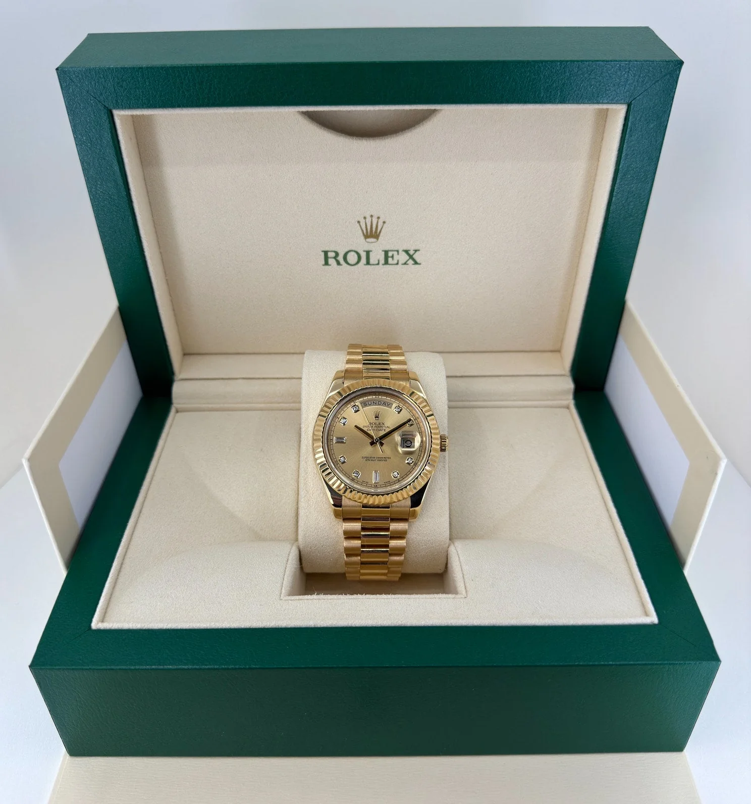 Rolex Day-Date 41 Yellow Gold Champagne Diamond Dial & Fluted Bezel President Bracelet - 218238 - Image 3