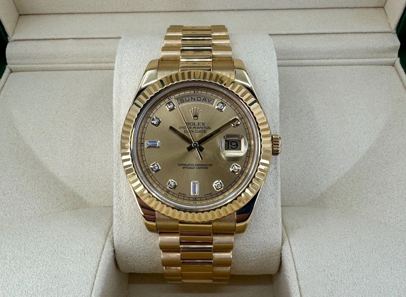 Rolex Day-Date 41 Yellow Gold Champagne Diamond Dial & Fluted Bezel President Bracelet - 218238 - Image 4