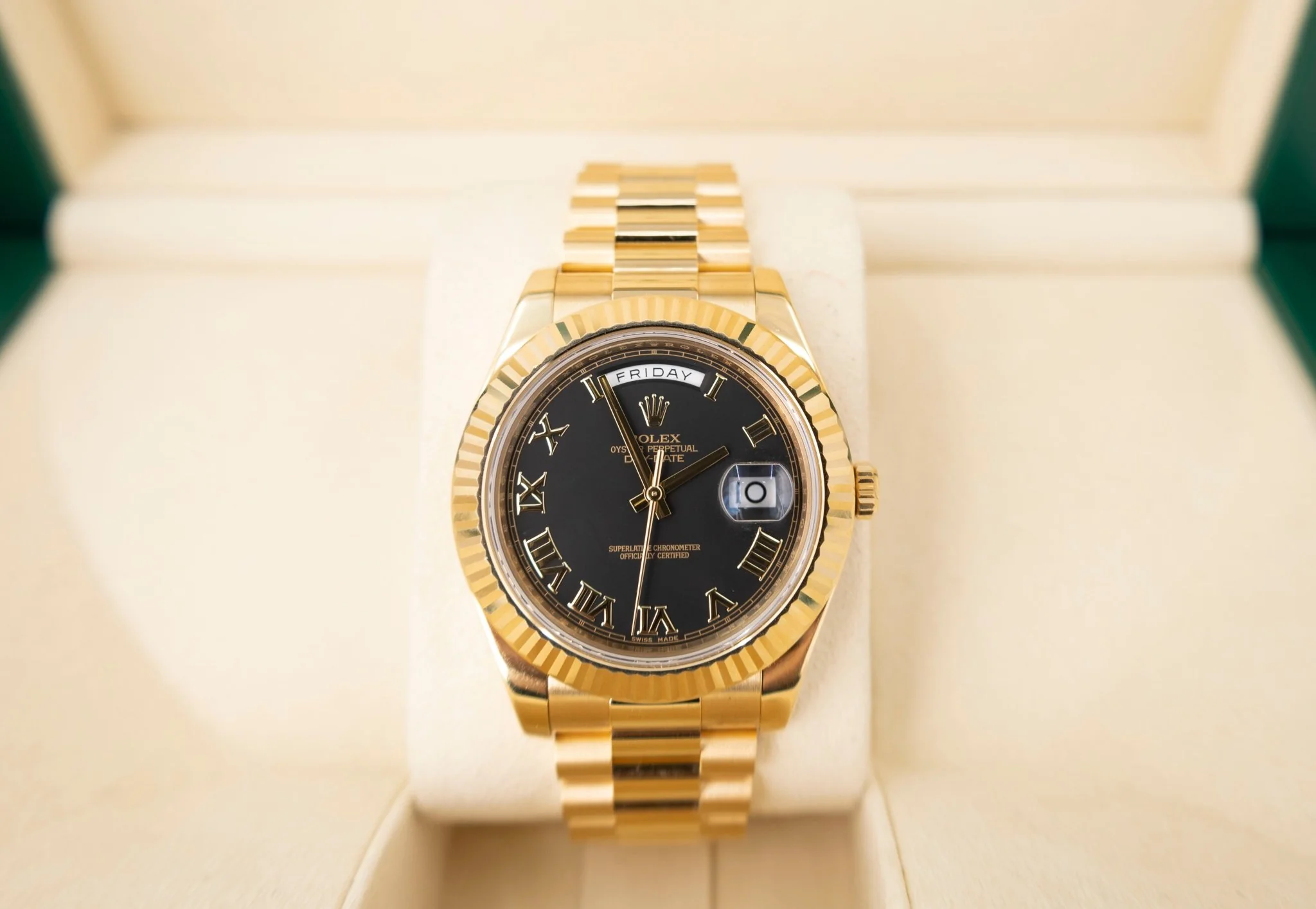 Rolex Day-Date II Yellow Gold 41mm Black Roman Fluted President Bracelet 218238 - Image 2