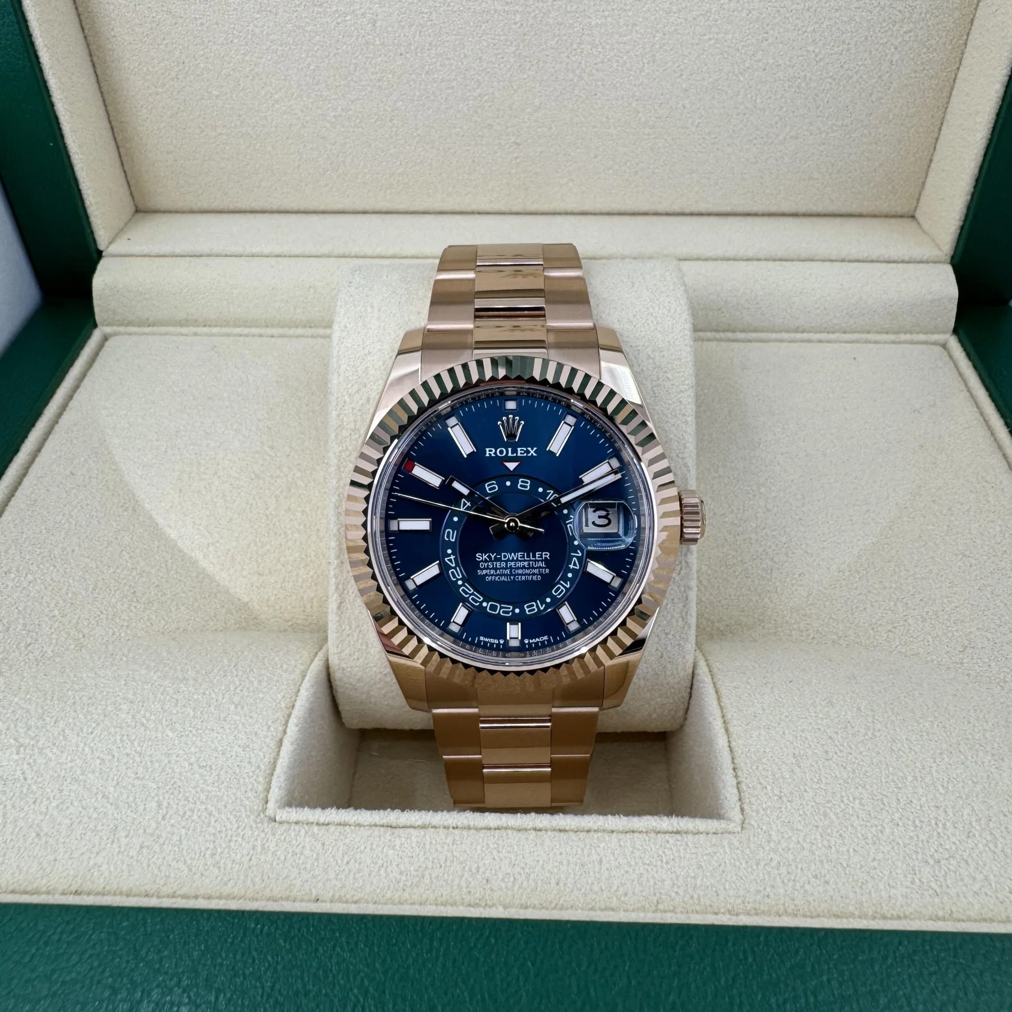 Rolex Everose Gold Sky-Dweller Watch - Fluted Ring Command Bezel - Blue-Green Index Dial - Oyster Bracelet - Image 3