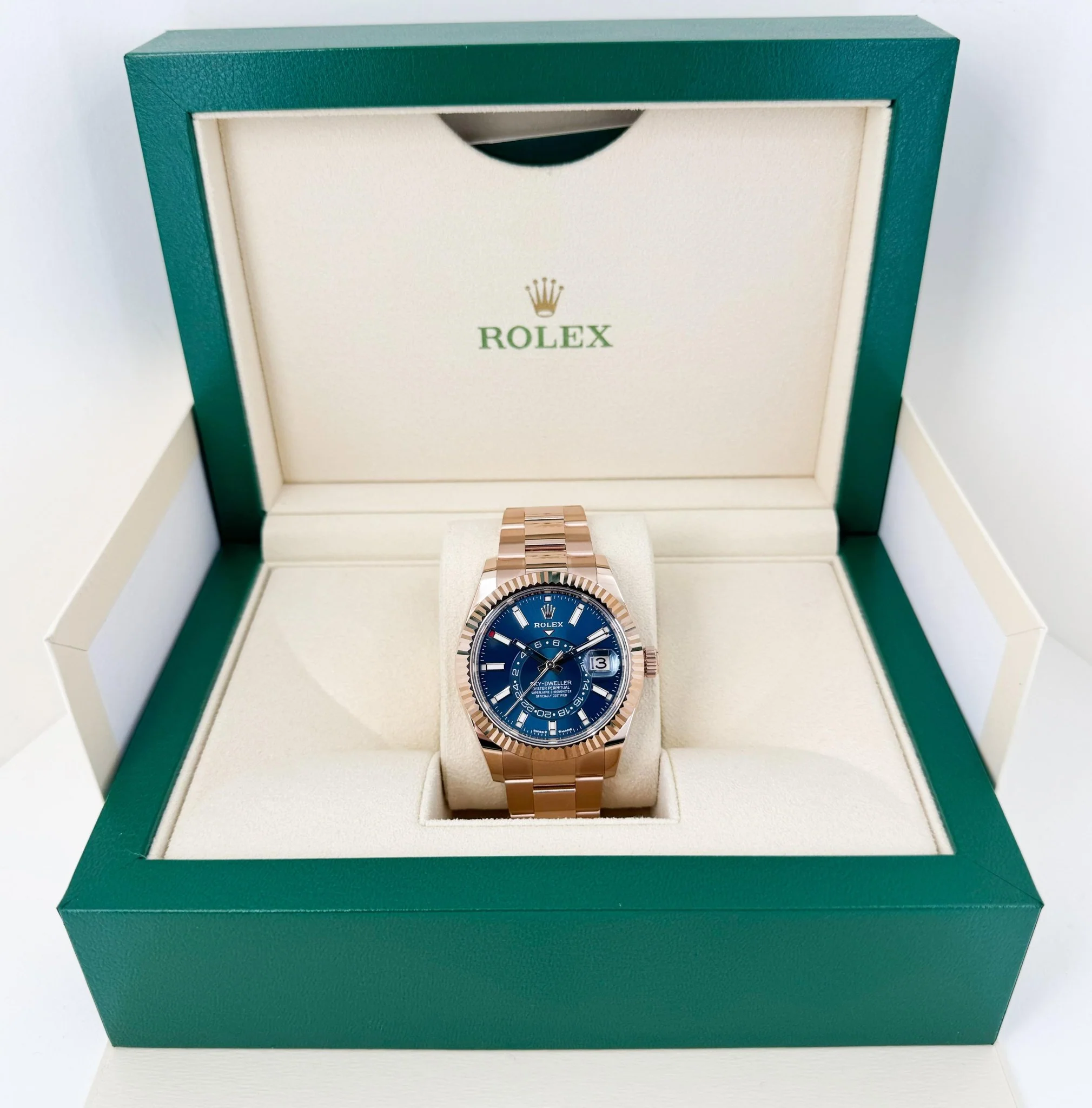 Rolex Everose Gold Sky-Dweller Watch - Fluted Ring Command Bezel - Blue-Green Index Dial - Oyster Bracelet - Image 4