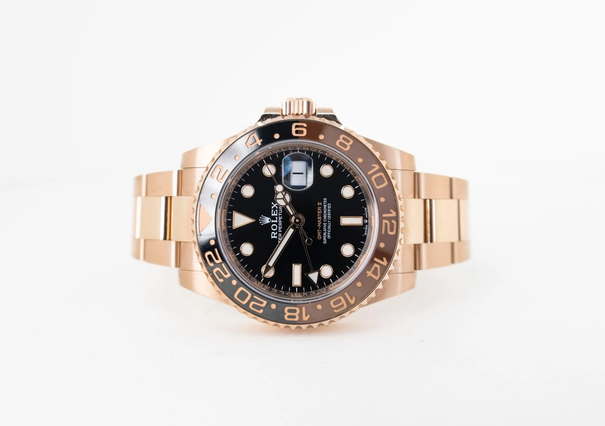 Rolex GMT Master II Rose Gold Black Dial Brown/Black Ceramic Bezel Oyster Bracelet 126715CHNR - Image 6