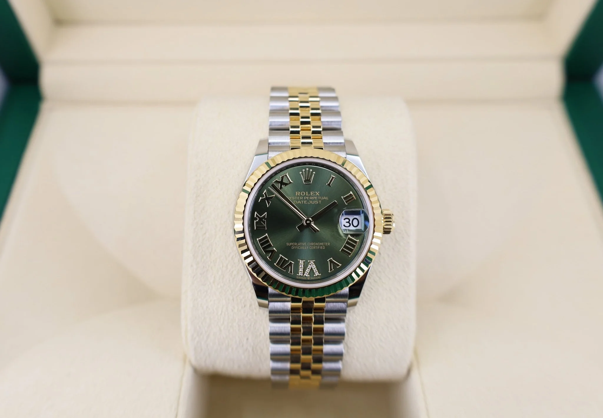 Rolex Lady-Datejust 31 Yellow Gold/Steel Olive Green Roman Diamond VI Dial & Fluted Bezel Jubilee Bracelet 278273 - Image 2