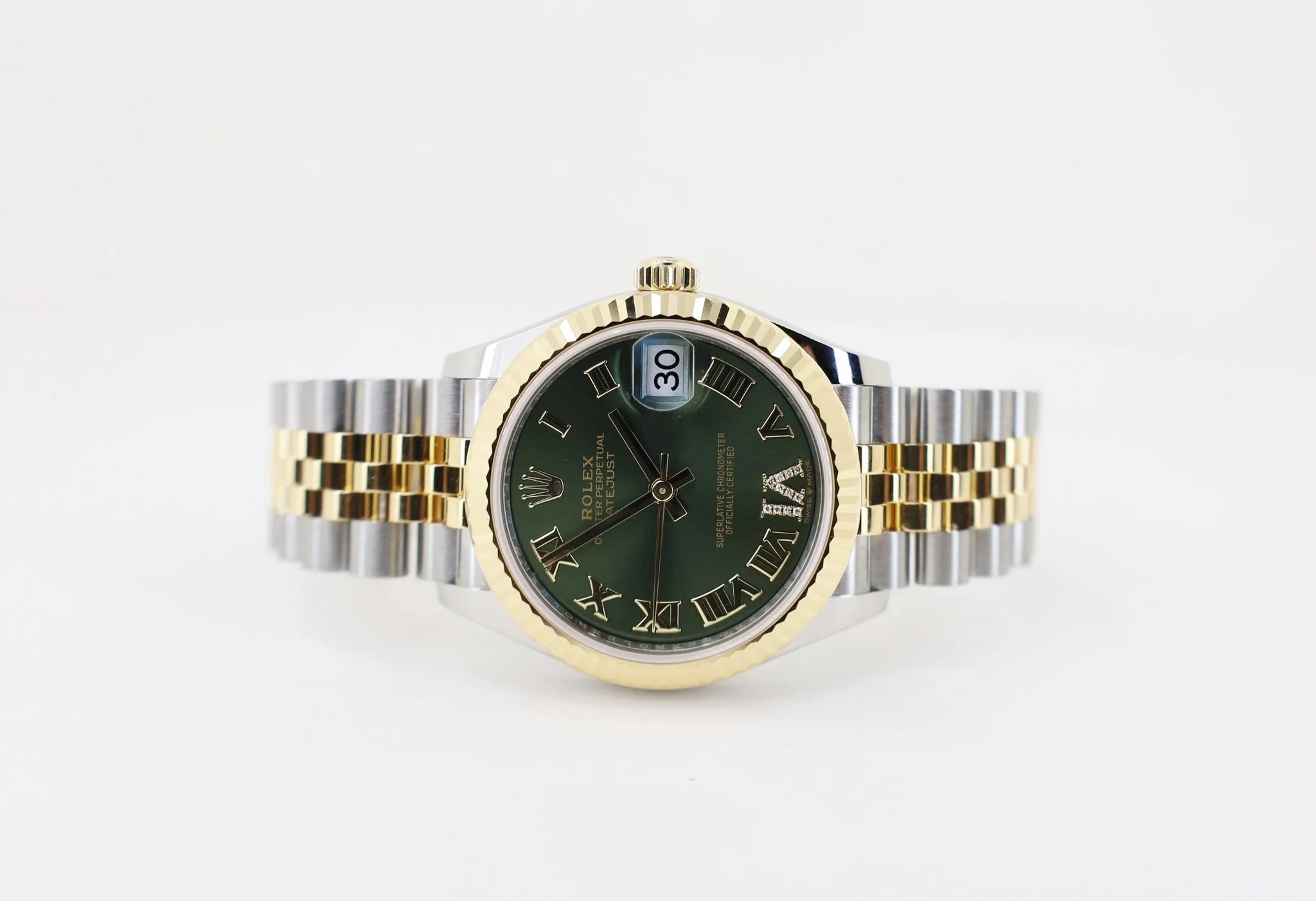 Rolex Lady-Datejust 31 Yellow Gold/Steel Olive Green Roman Diamond VI Dial & Fluted Bezel Jubilee Bracelet 278273 - Image 4