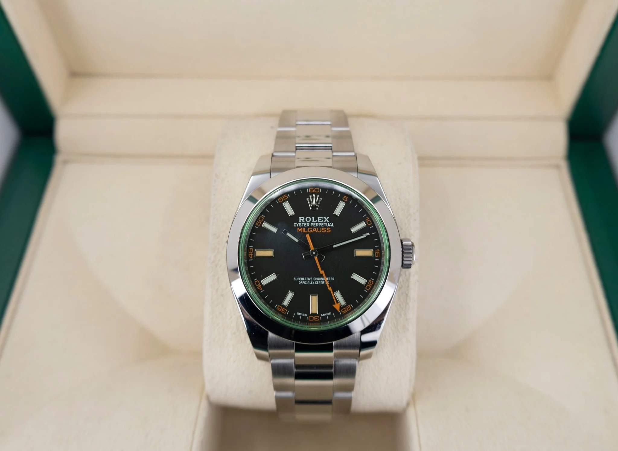 Rolex Milgauss Green Crystal Stainless Steel Black Dial Smooth Bezel Oyster Bracelet 116400GV - Image 3