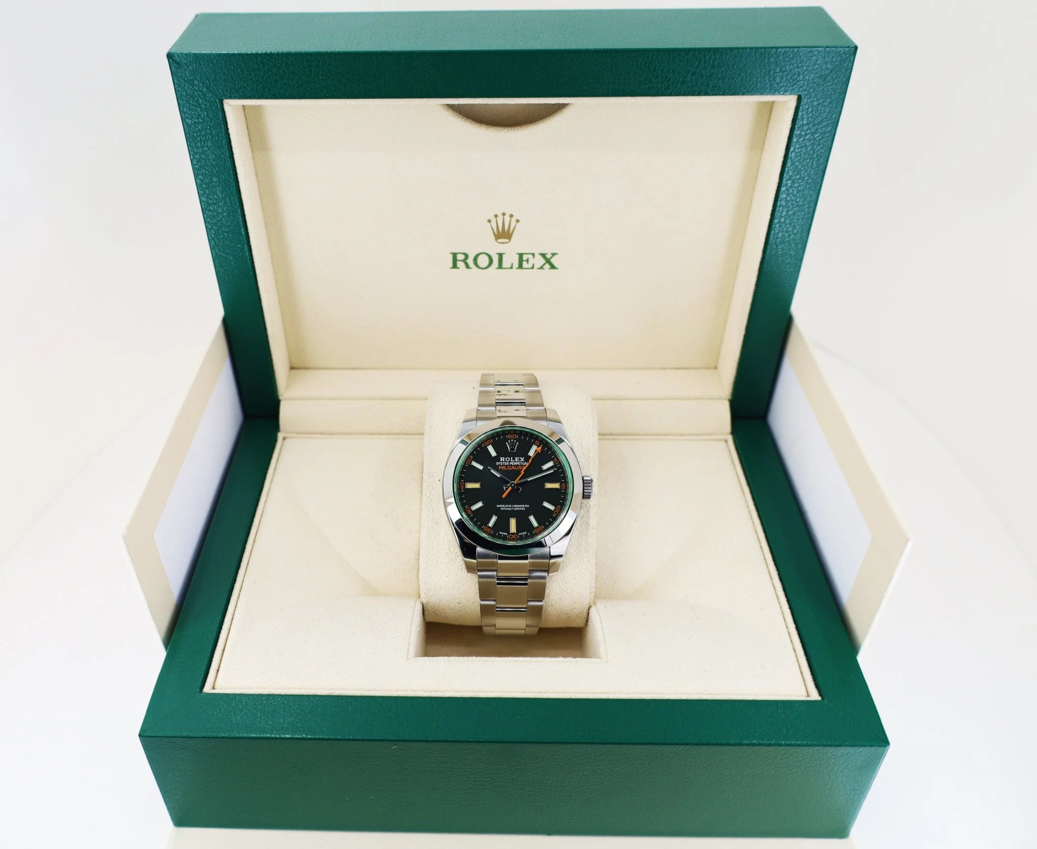 Rolex Milgauss Green Crystal Stainless Steel Black Dial Smooth Bezel Oyster Bracelet 116400GV - Image 4