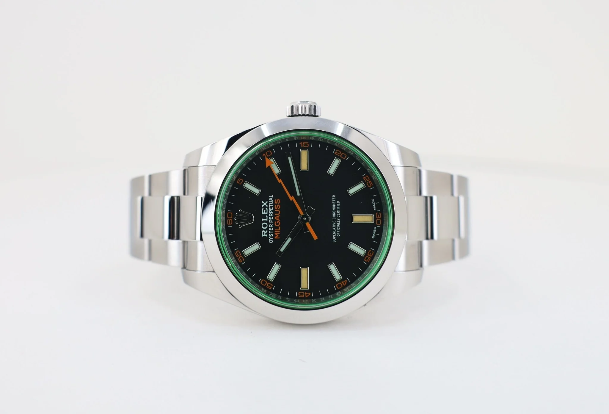 Rolex Milgauss Green Crystal Stainless Steel Black Dial Smooth Bezel Oyster Bracelet 116400GV - Image 5