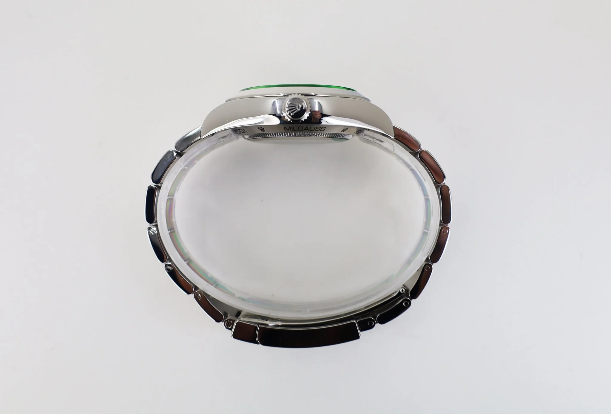 Rolex Milgauss Green Crystal Stainless Steel Black Dial Smooth Bezel Oyster Bracelet 116400GV - Image 8