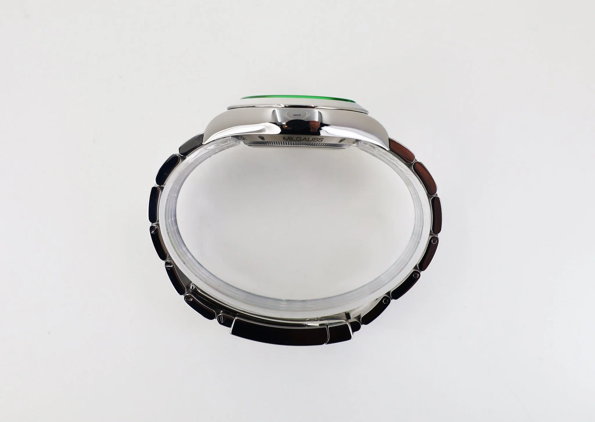 Rolex Milgauss Green Crystal Stainless Steel Black Dial Smooth Bezel Oyster Bracelet 116400GV - Image 9
