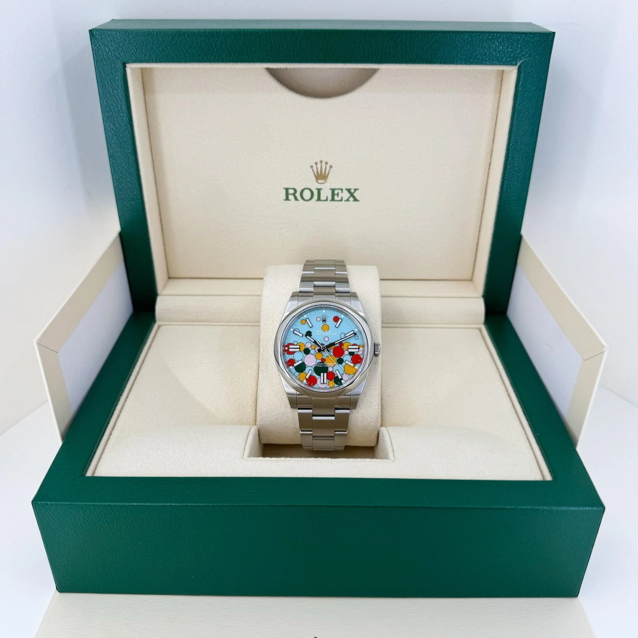 Rolex Oyster Perpetual 41 Watch - Domed Bezel - Turquoise Blue Celebration Motif Index Dial - Oyster Bracelet - 124300 - Image 3