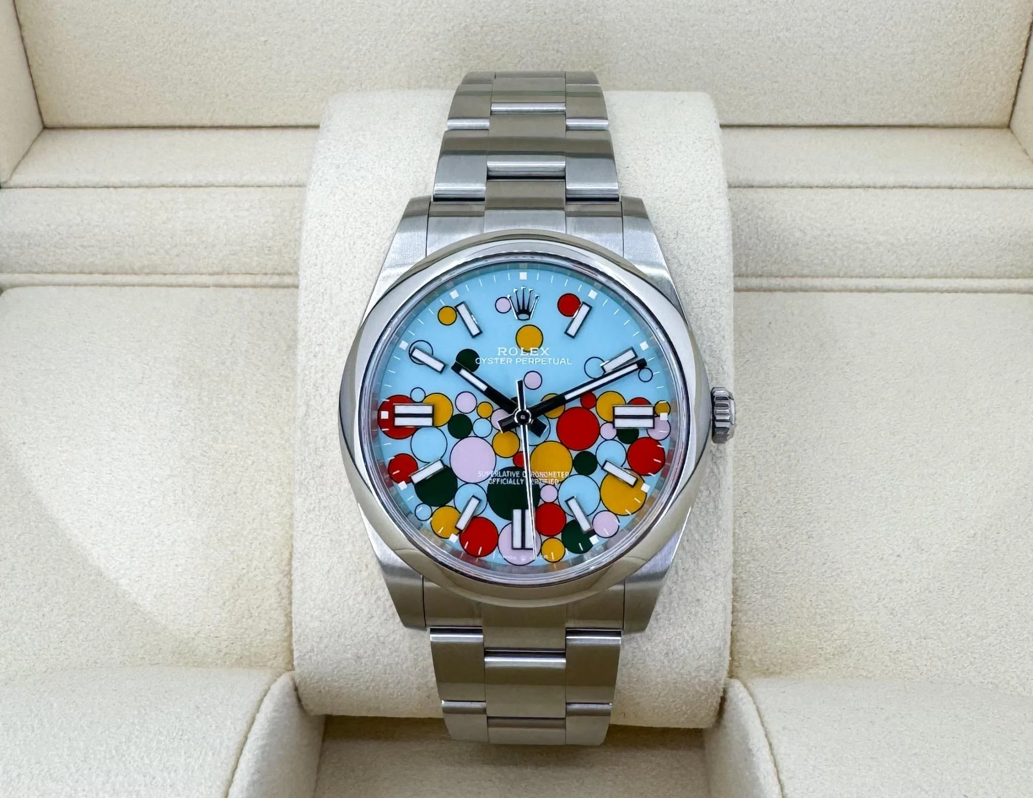 Rolex Oyster Perpetual 41 Watch - Domed Bezel - Turquoise Blue Celebration Motif Index Dial - Oyster Bracelet - 124300 - Image 4