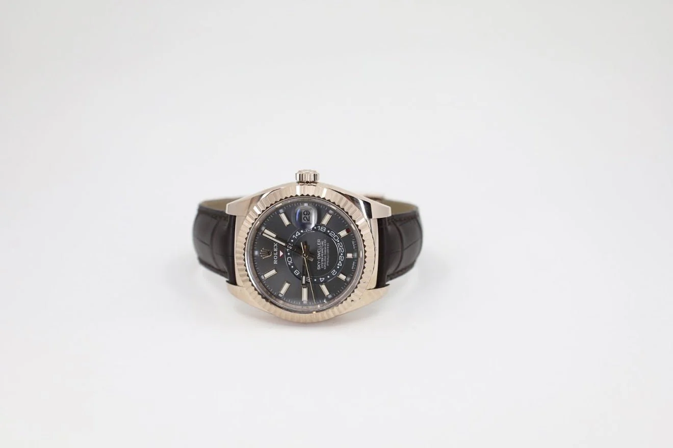 Rolex Sky-Dweller Rose Gold Dark Rhodium Index Dial Fluted Bezel Leather Strap 326135 - Image 10