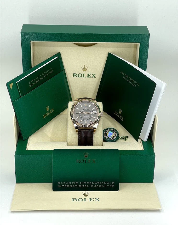 Rolex Sky-Dweller Rose Gold Dark Rhodium Index Dial Fluted Bezel Leather Strap 326135 - Image 3
