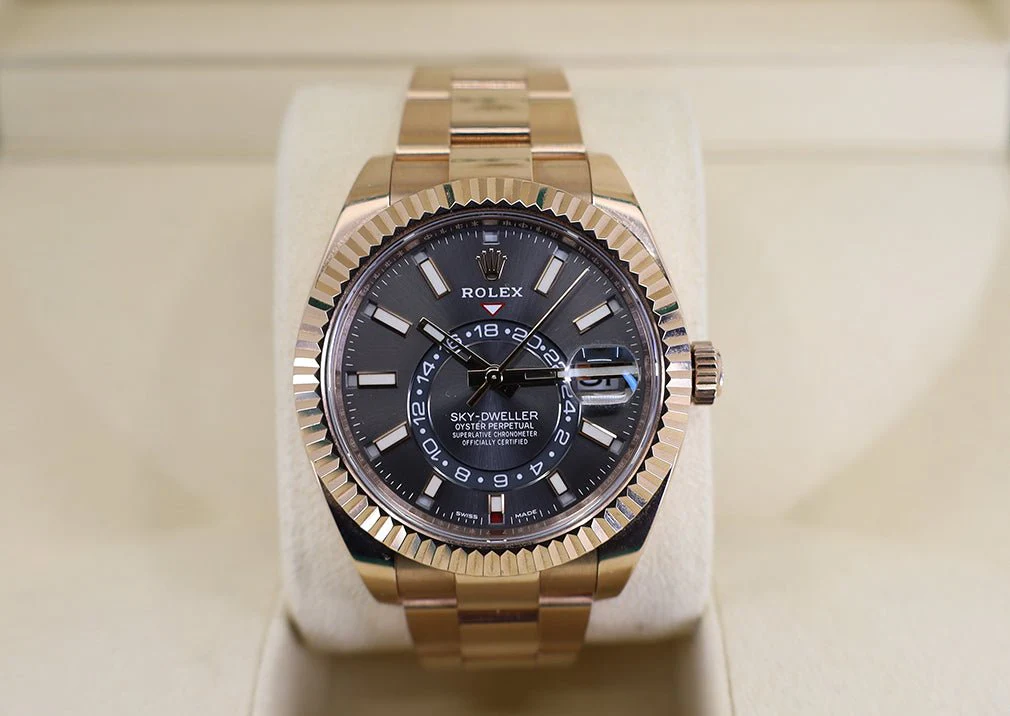 Rolex Sky-Dweller Rose Gold Dark Rhodium Index Dial Fluted Bezel Oyster Bracelet 326935 - Image 3