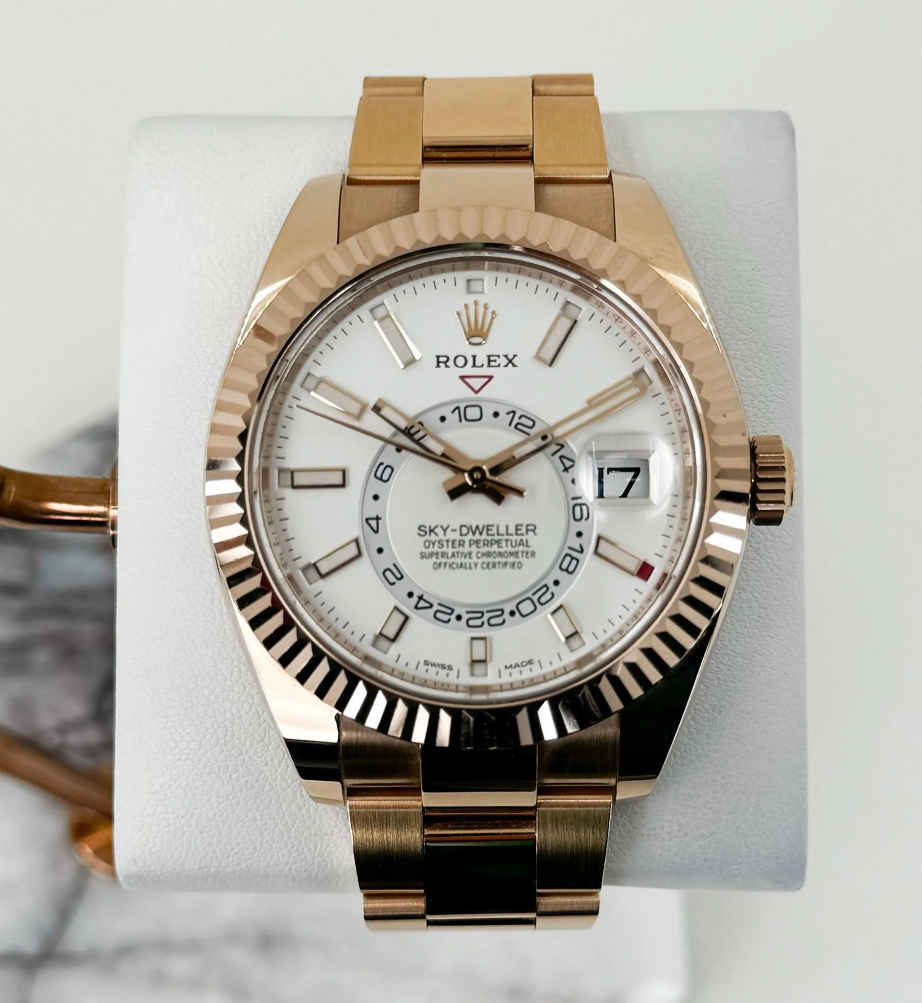 Rolex Sky-Dweller Rose Gold White Index Dial Fluted Bezel Oyster Bracelet 326935 - Image 2