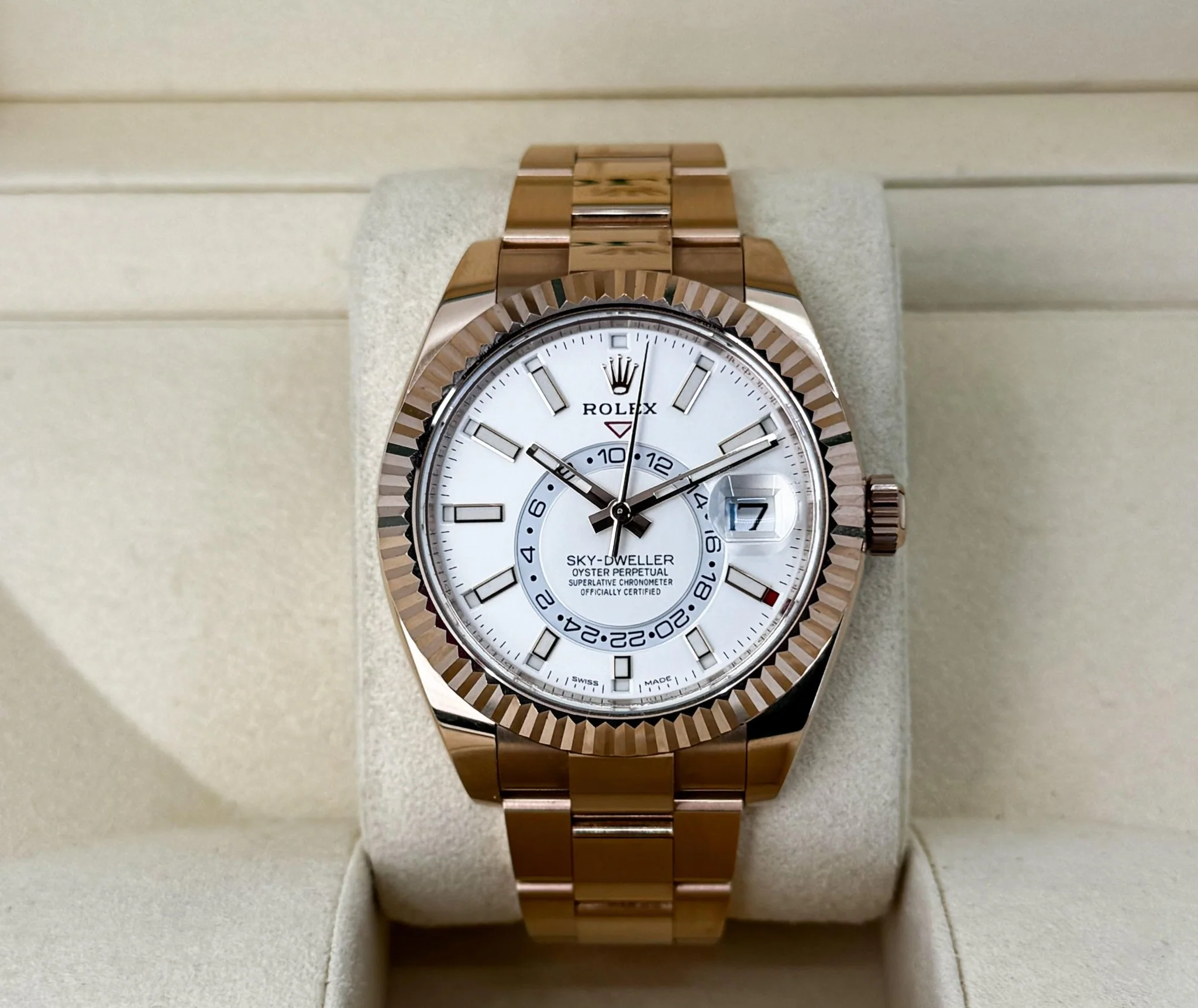Rolex Sky-Dweller Rose Gold White Index Dial Fluted Bezel Oyster Bracelet 326935 - Image 3