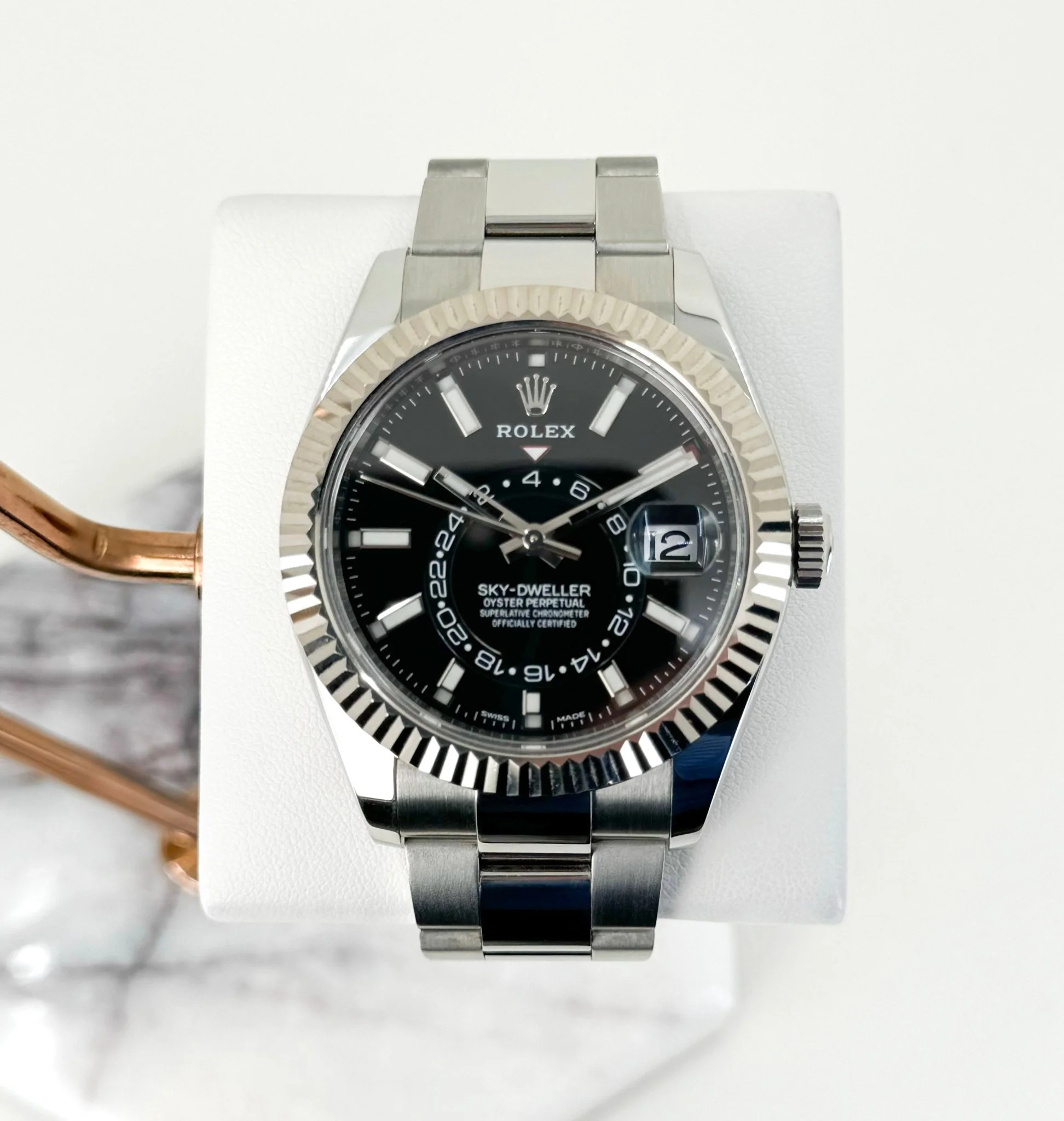 Rolex Sky-Dweller Stainless Steel Black Index Dial Fluted White Gold Bezel Oyster Bracelet 326934 - Image 2