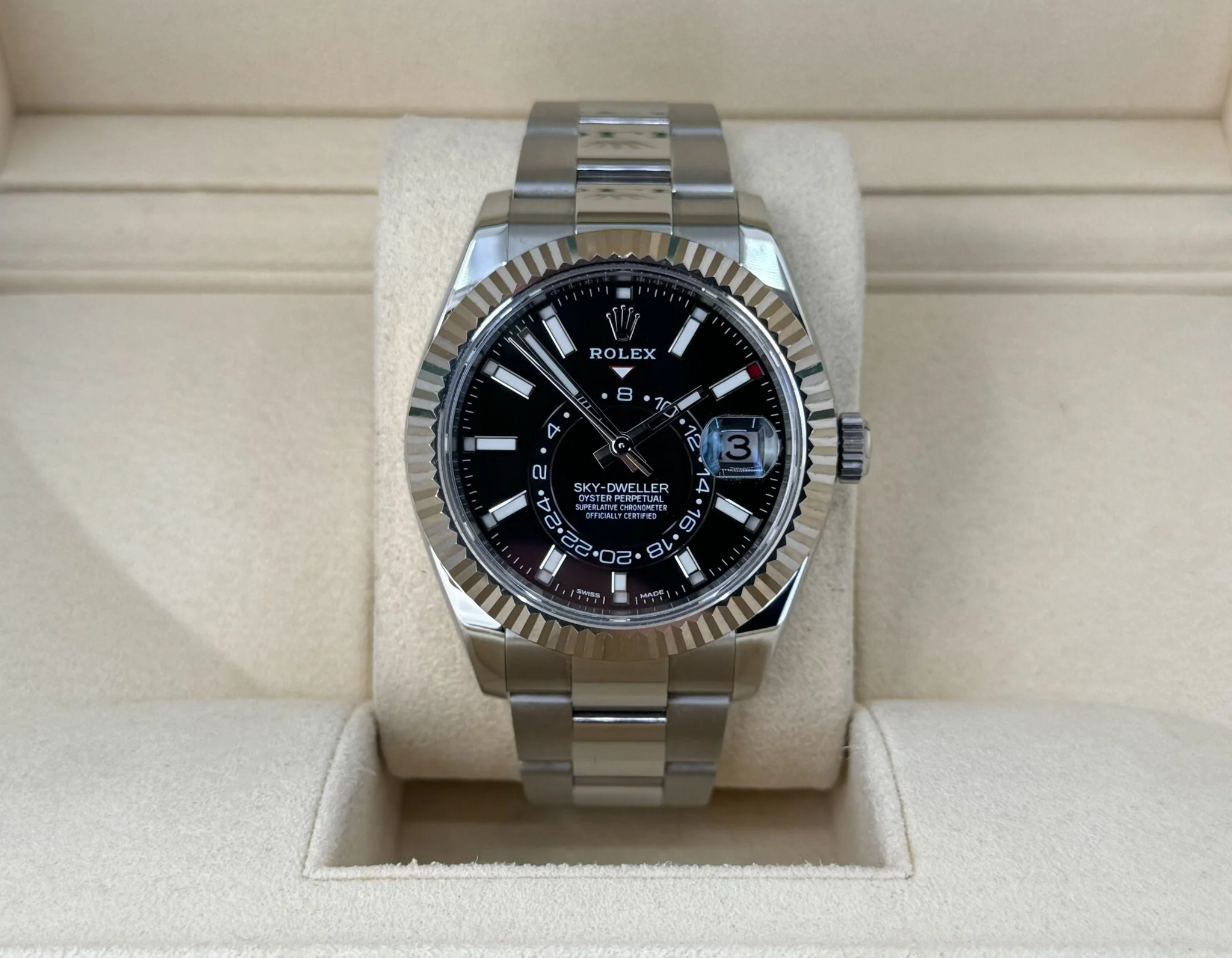 Rolex Sky-Dweller Stainless Steel Black Index Dial Fluted White Gold Bezel Oyster Bracelet 326934 - Image 3