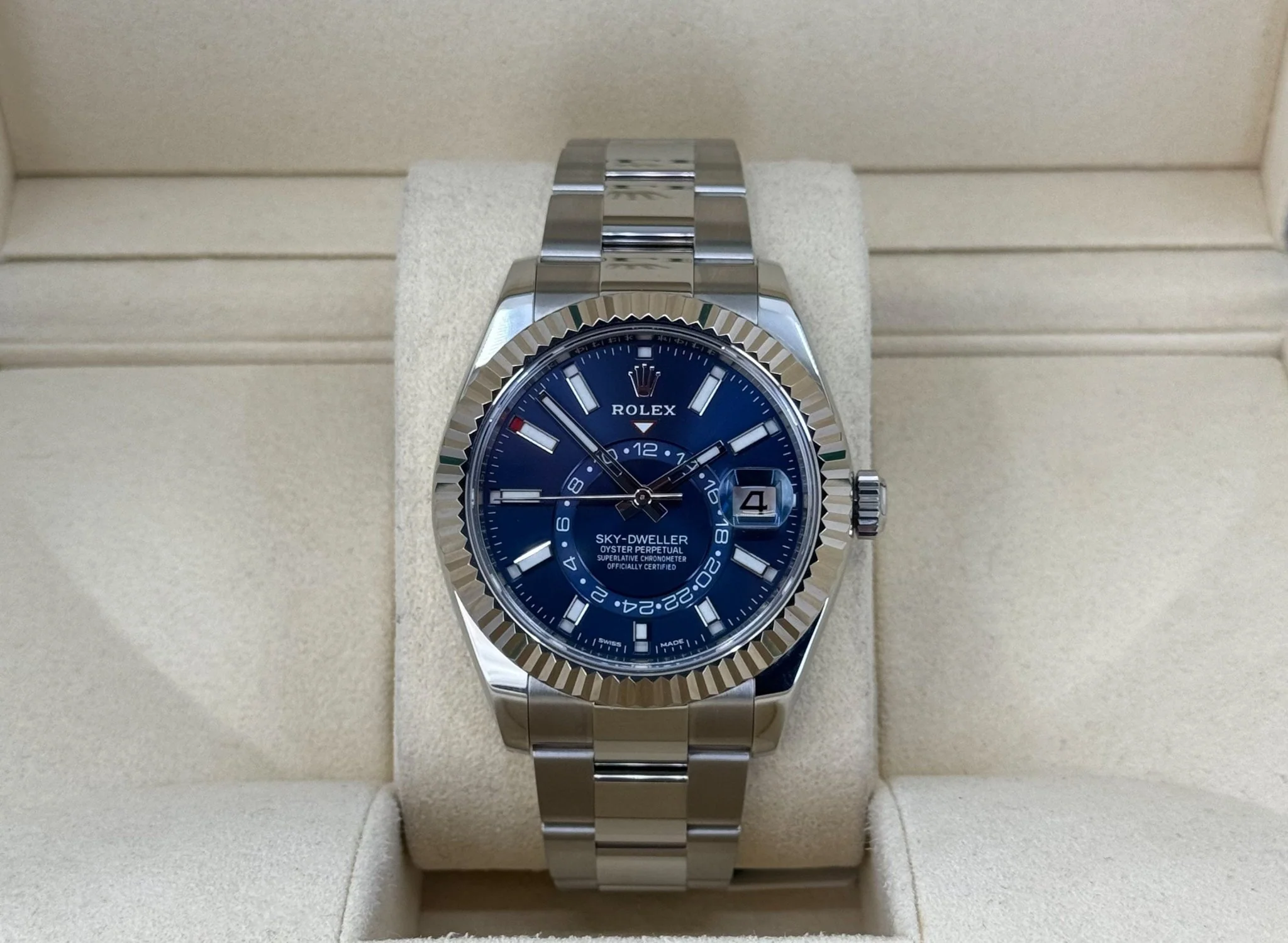 Rolex Sky-Dweller Stainless Steel Blue Index Dial Fluted White Gold Bezel Oyster Bracelet 326934 - Image 3