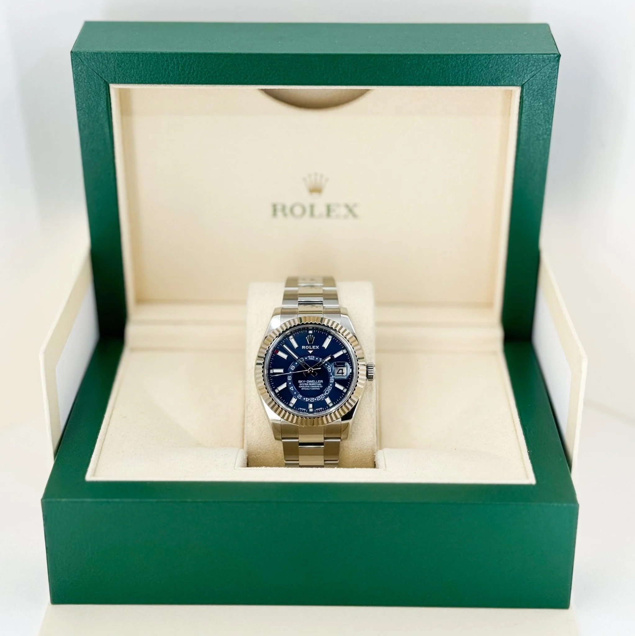 Rolex Sky-Dweller Stainless Steel Blue Index Dial Fluted White Gold Bezel Oyster Bracelet 326934 - Image 4